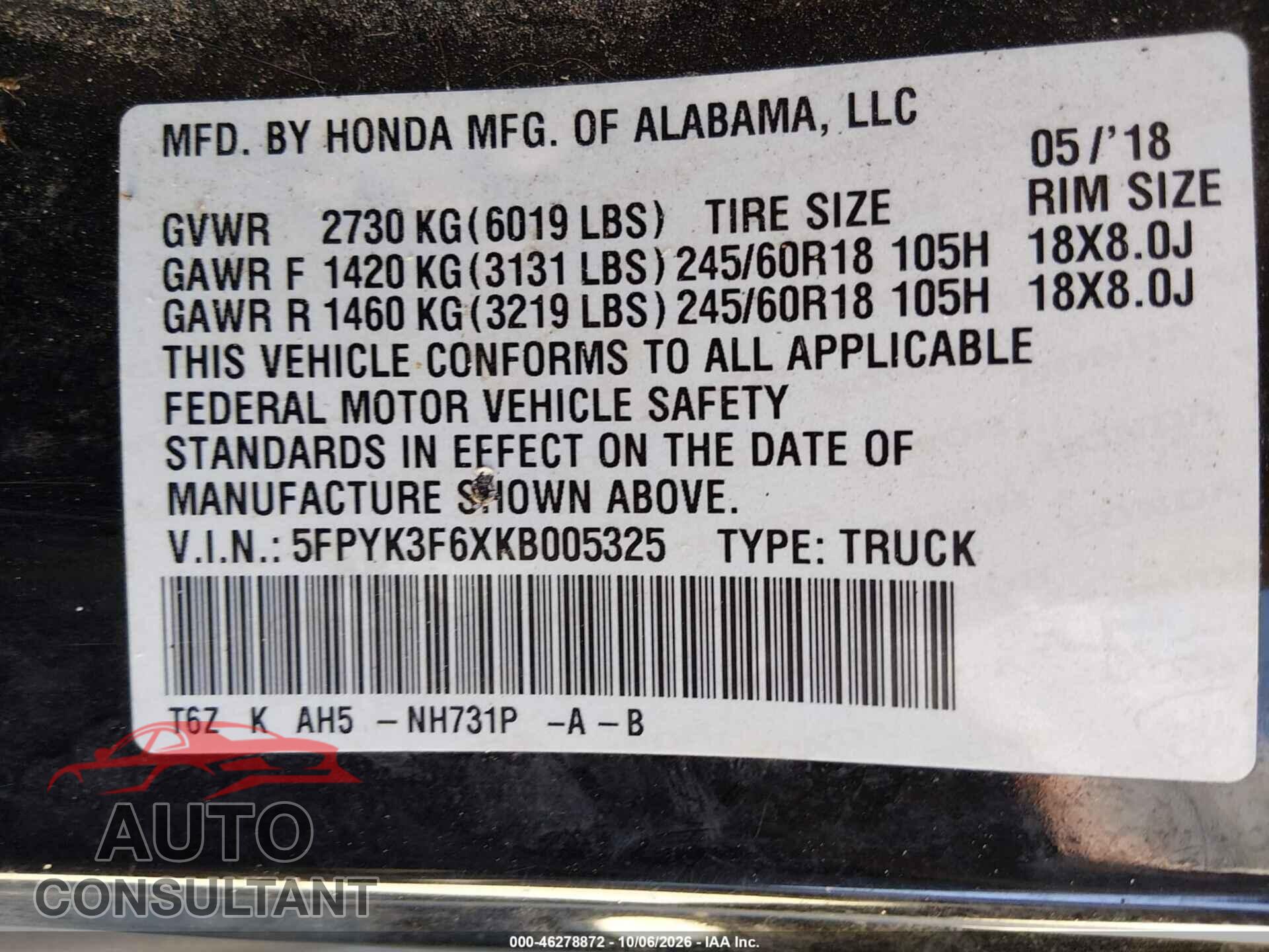 HONDA RIDGELINE 2019 - 5FPYK3F6XKB005325