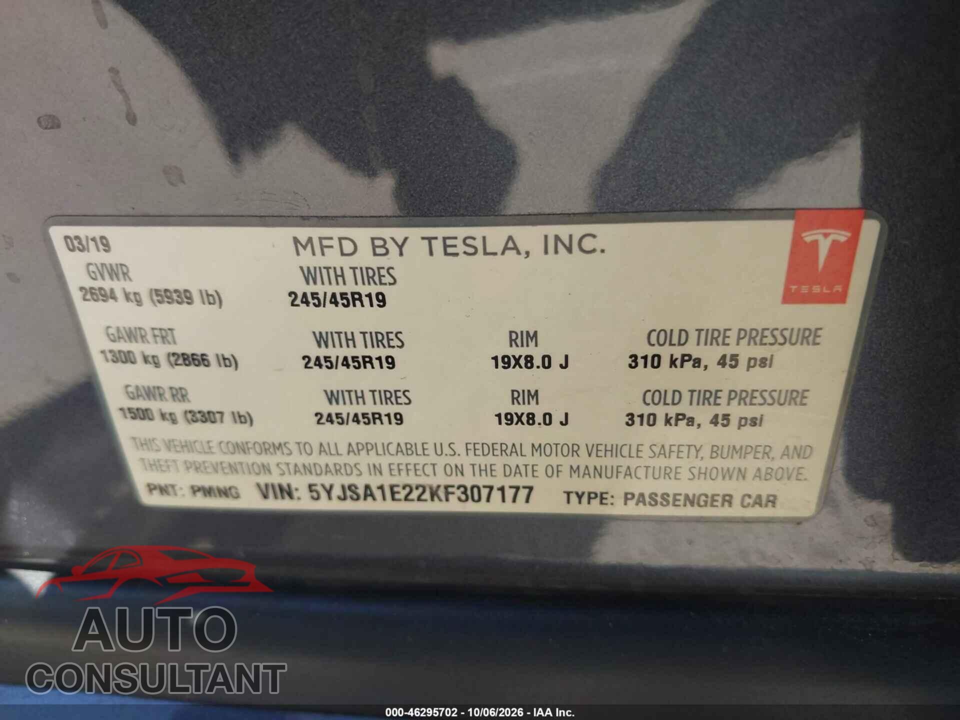 TESLA MODEL S 2019 - 5YJSA1E22KF307177