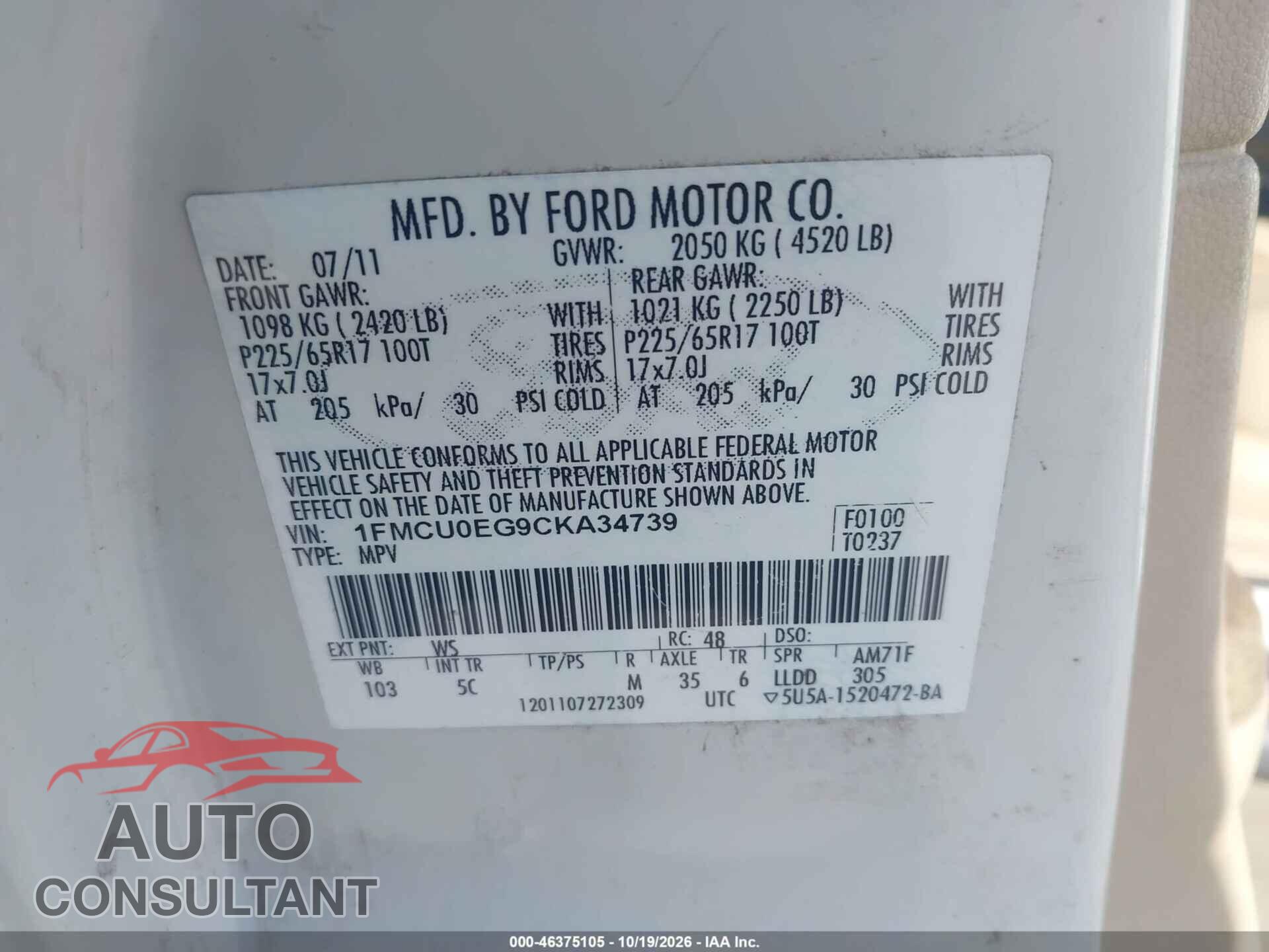 FORD ESCAPE 2012 - 1FMCU0EG9CKA34739