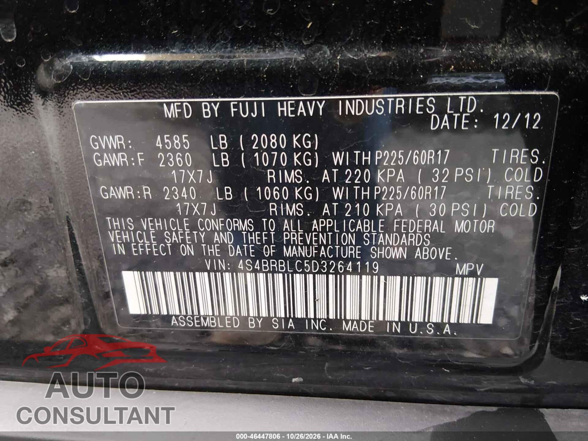 SUBARU OUTBACK 2013 - 4S4BRBLC5D3264119