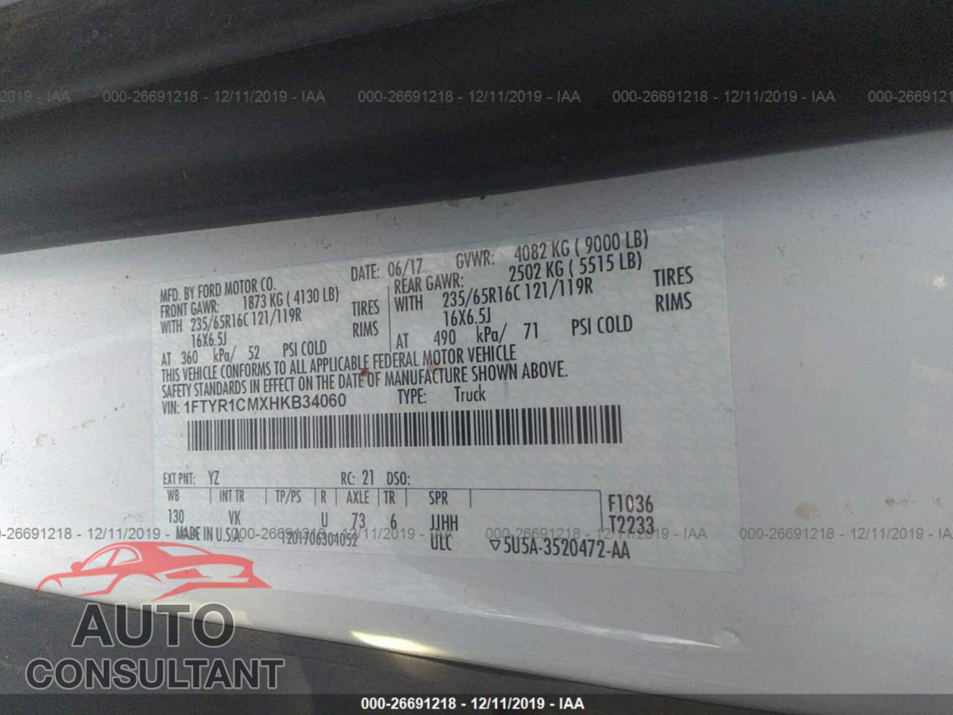 FORD TRANSIT 2017 - 1FTYR1CMXHKB34060