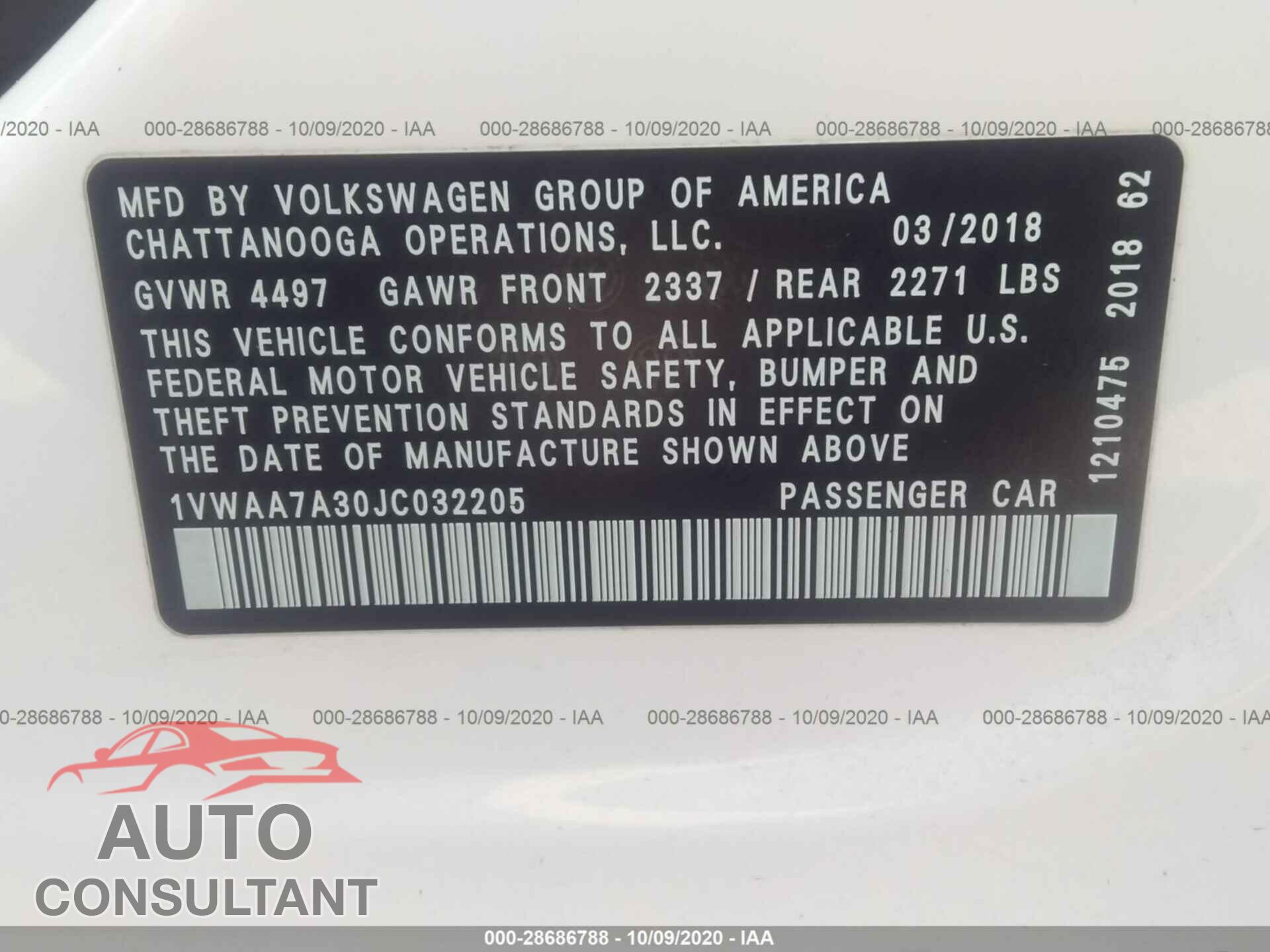 VOLKSWAGEN PASSAT 2018 - 1VWAA7A30JC032205