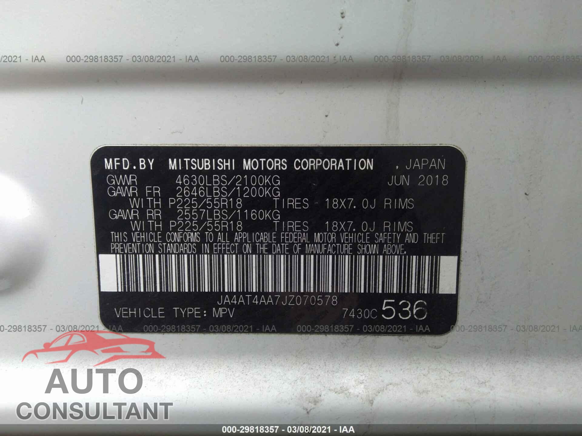 MITSUBISHI ECLIPSE CROSS 2018 - JA4AT4AA7JZ070578