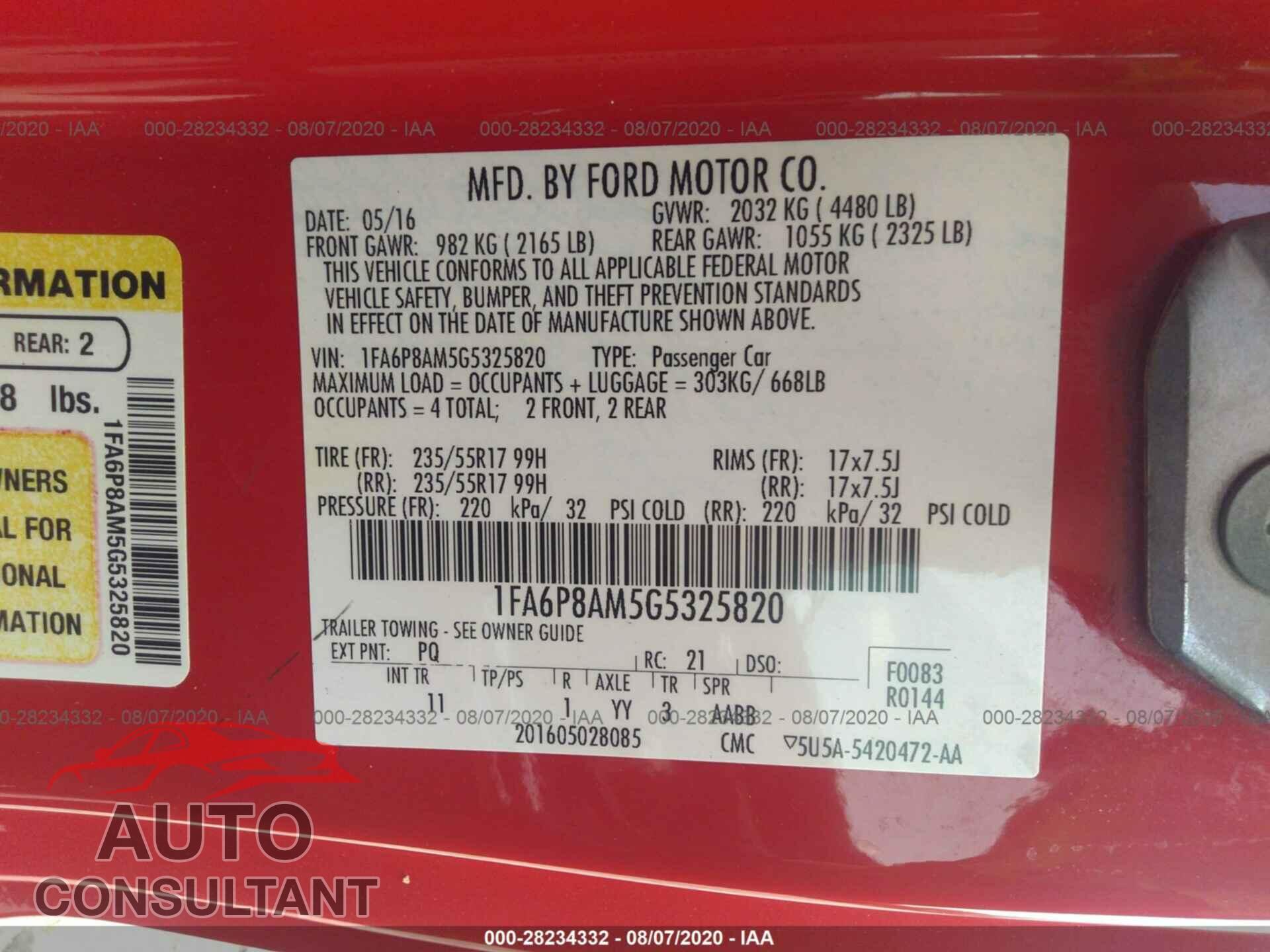 FORD MUSTANG 2016 - 1FA6P8AM5G5325820