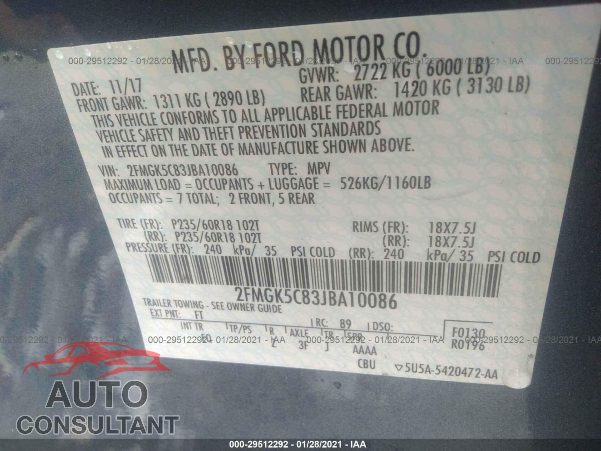 FORD FLEX 2018 - 2FMGK5C83JBA10086