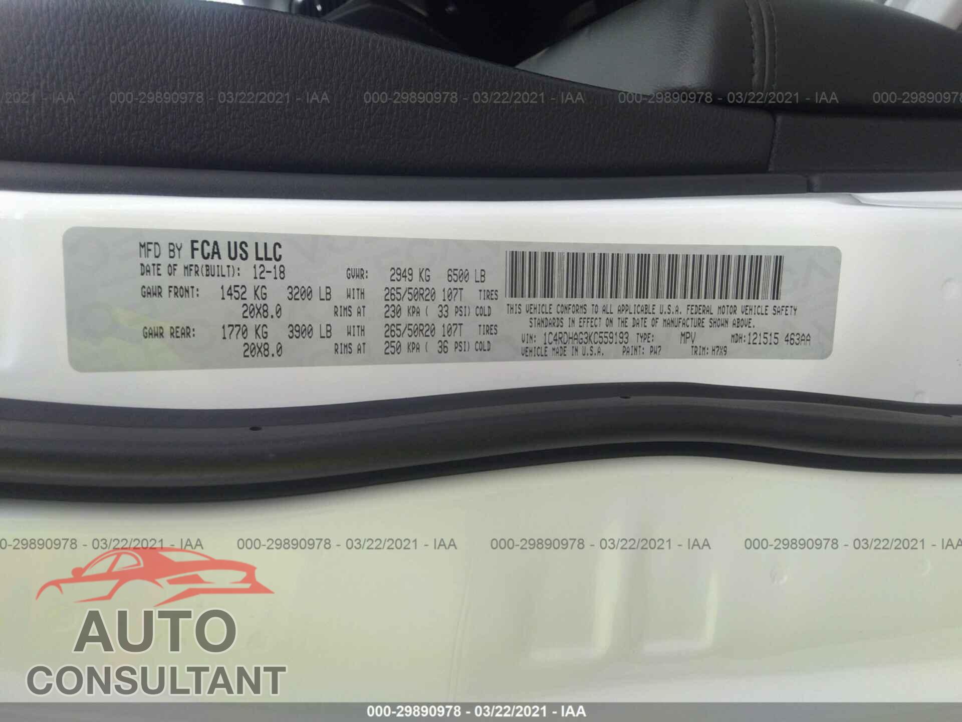 DODGE DURANGO 2019 - 1C4RDHAG3KC559193