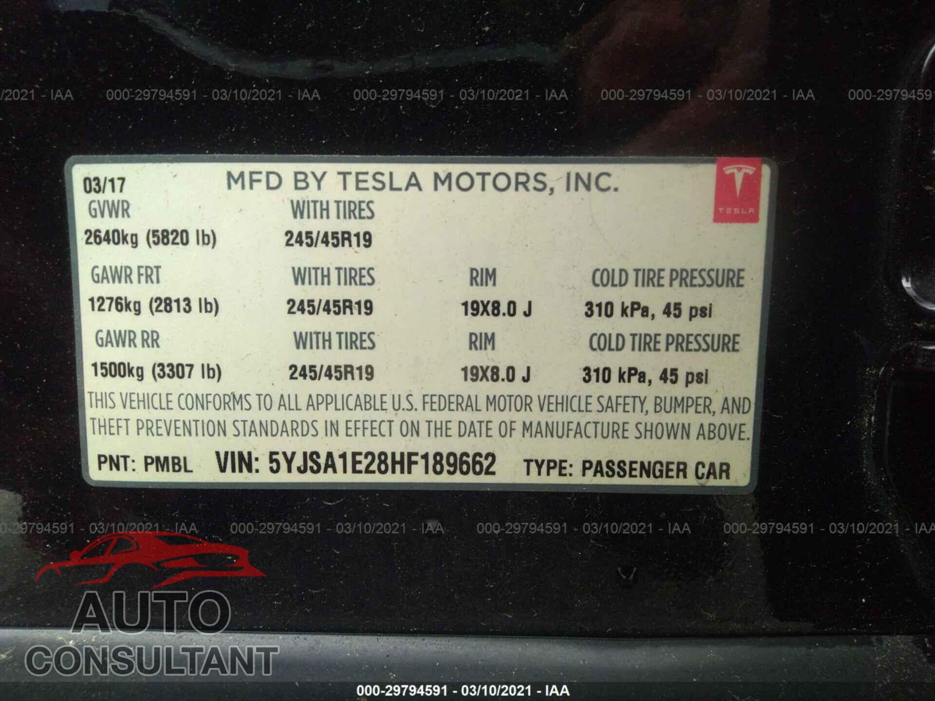 TESLA MODEL S 2017 - 5YJSA1E28HF189662