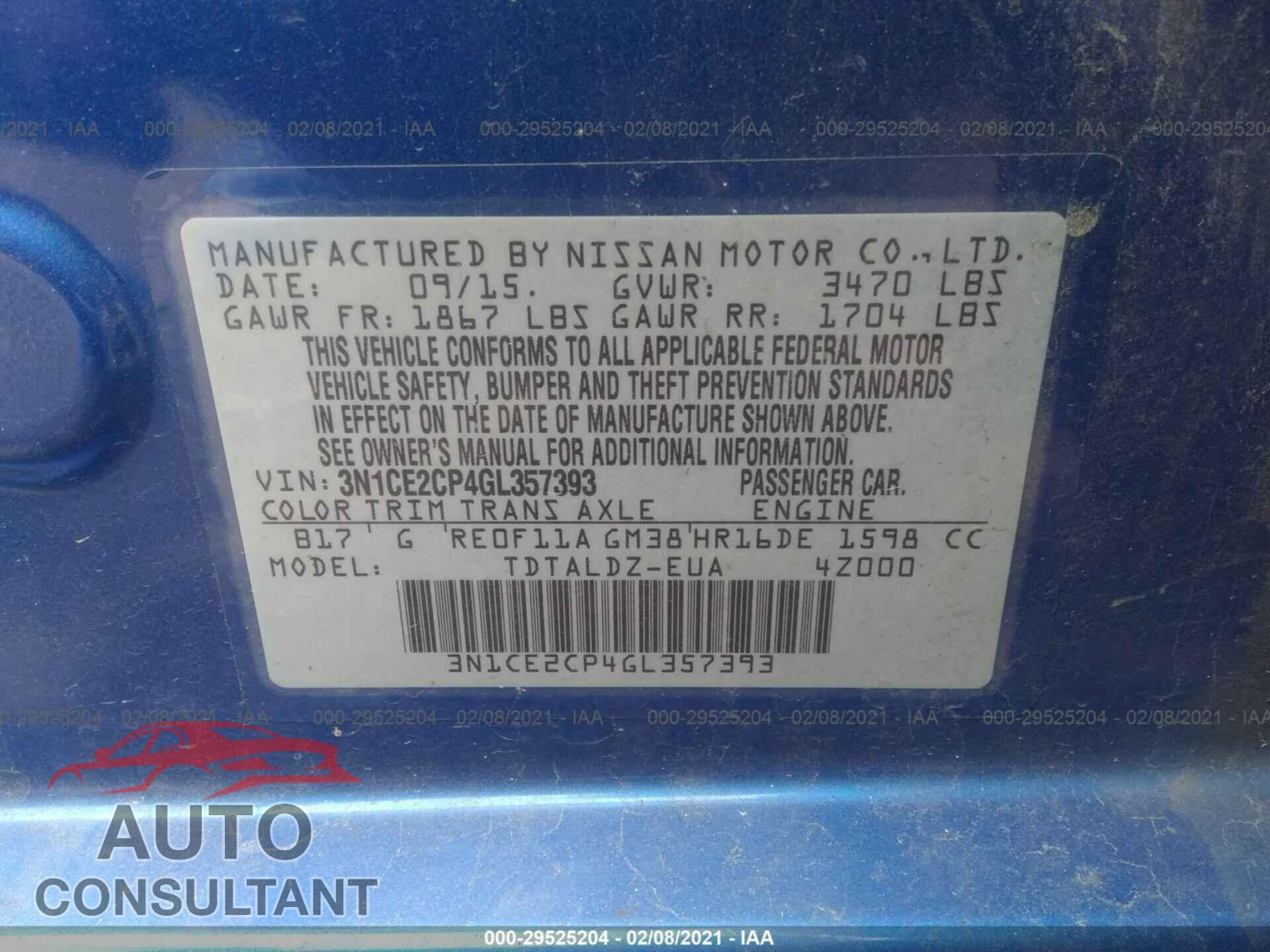 NISSAN VERSA NOTE 2016 - 3N1CE2CP4GL357393