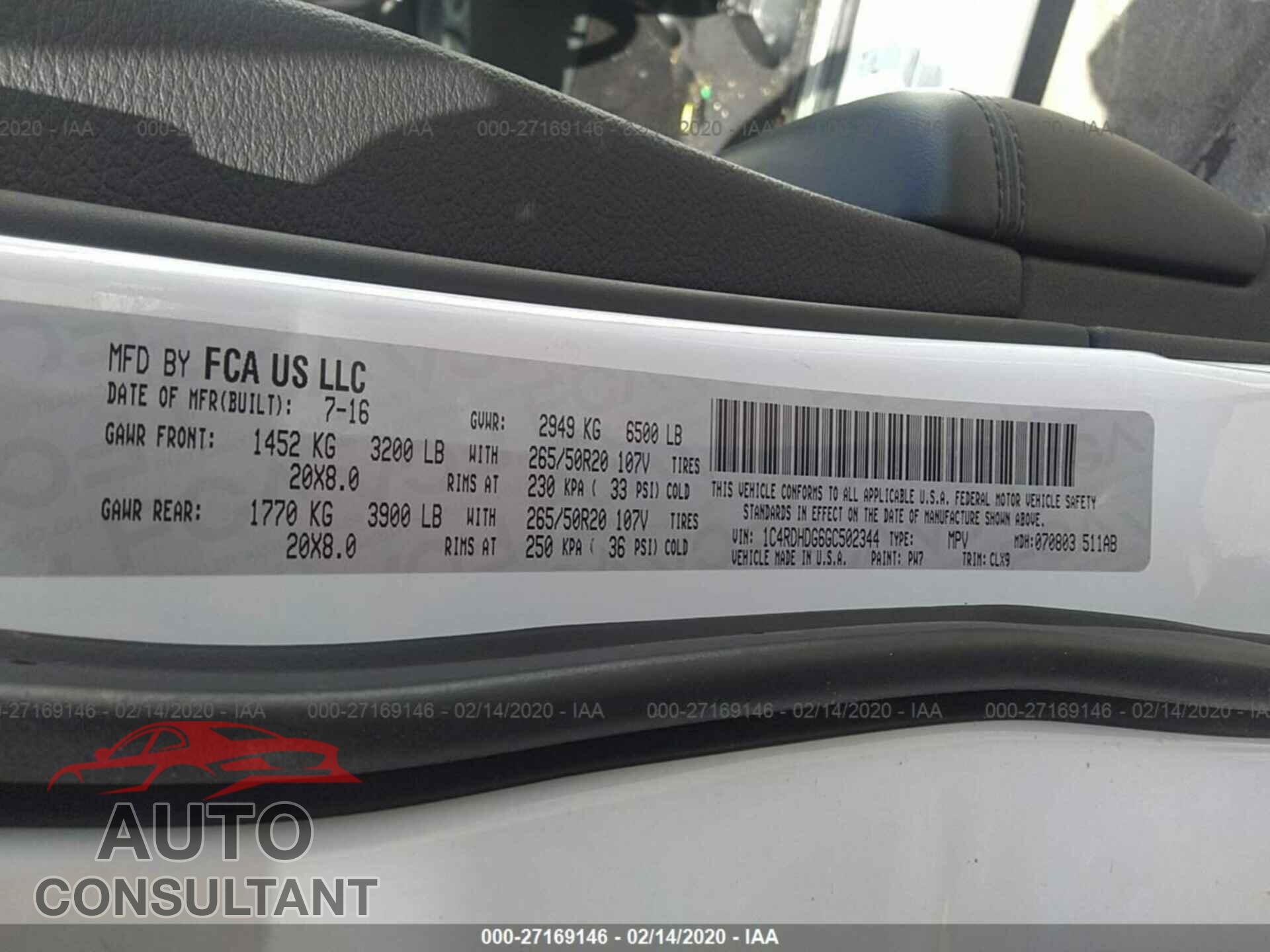 DODGE DURANGO 2016 - 1C4RDHDG6GC502344