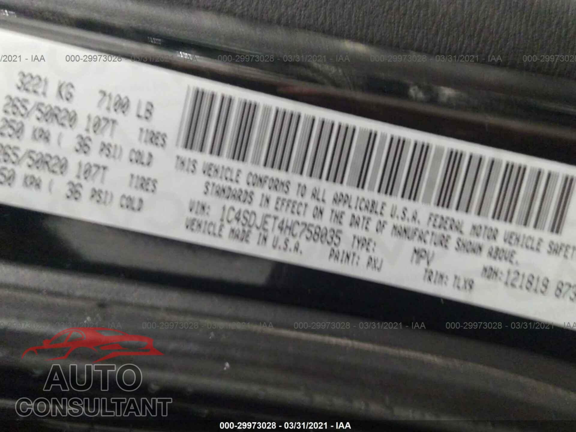 DODGE DURANGO 2017 - 1C4SDJET4HC758035