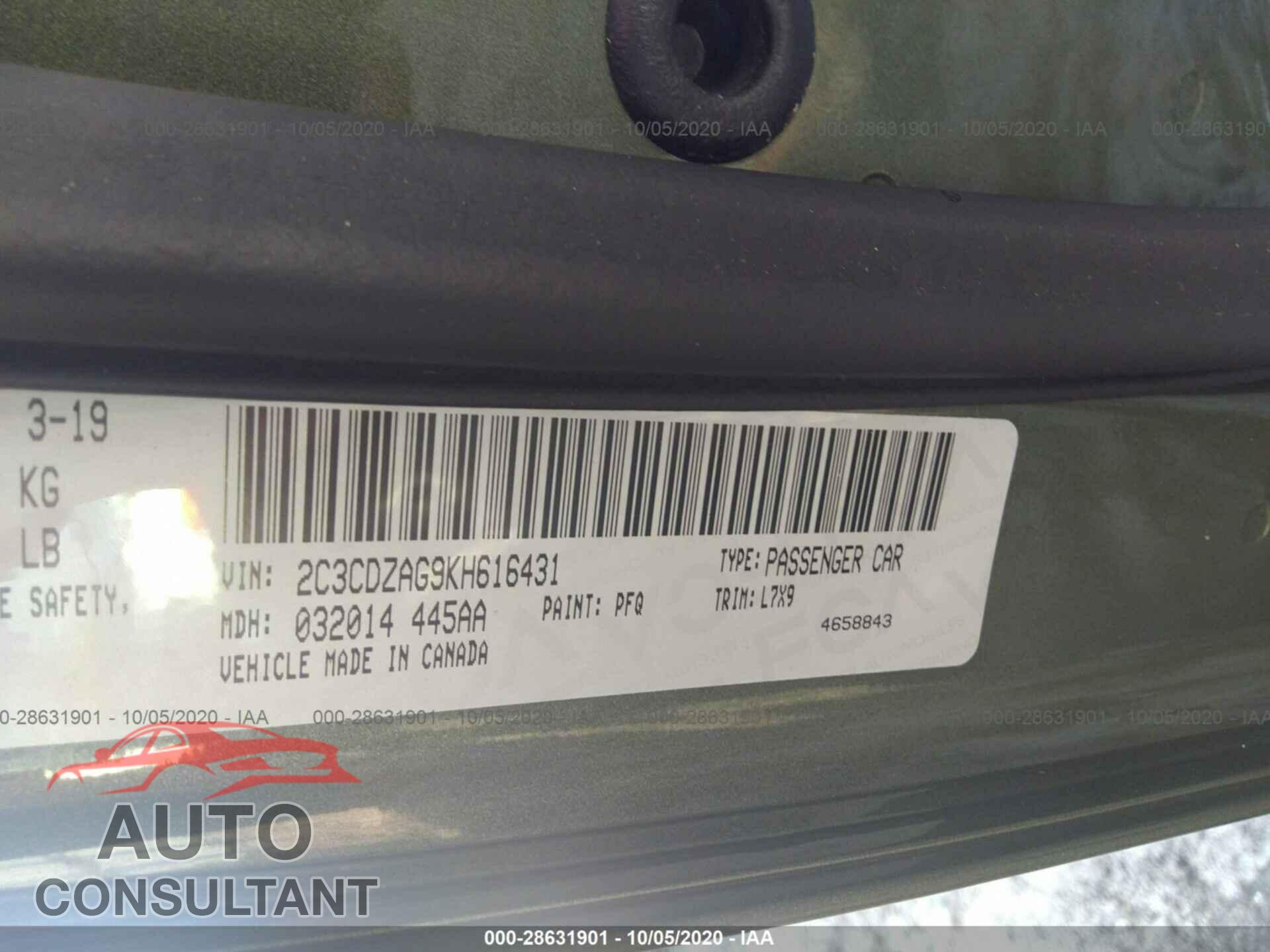 DODGE CHALLENGER 2019 - 2C3CDZAG9KH616431