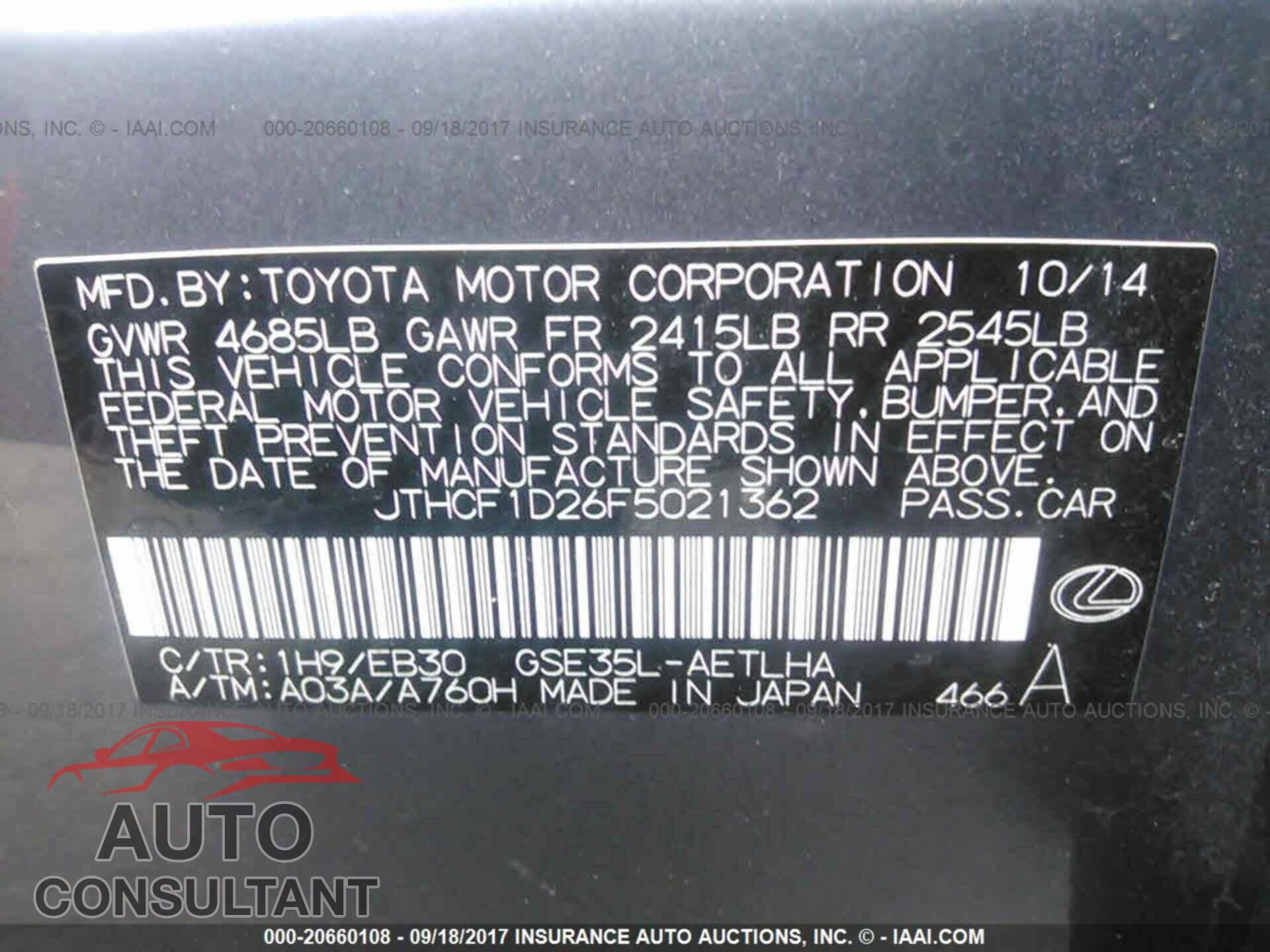 Lexus Is 2015 - JTHCF1D26F5021362
