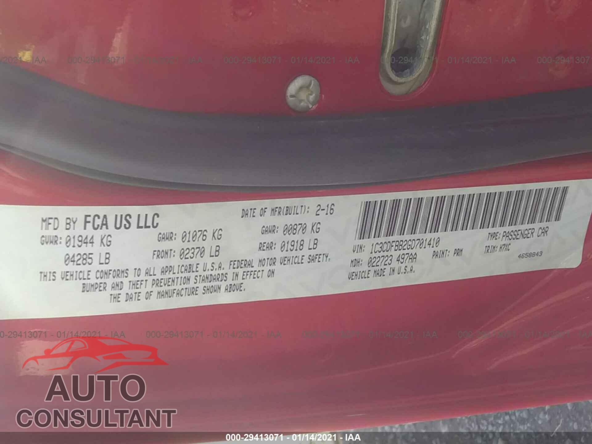 DODGE DART 2016 - 1C3CDFBB2GD701410