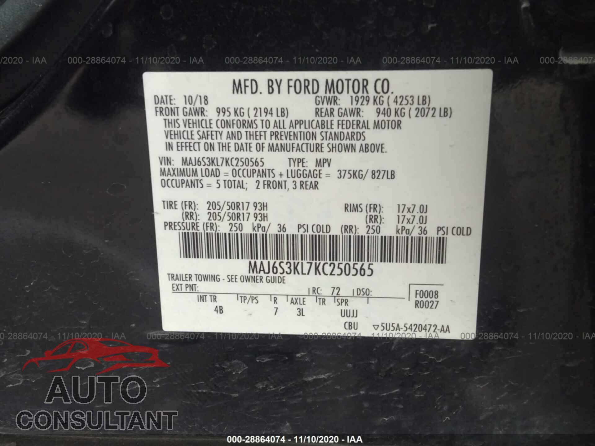 FORD ECOSPORT 2019 - MAJ6S3KL7KC250565