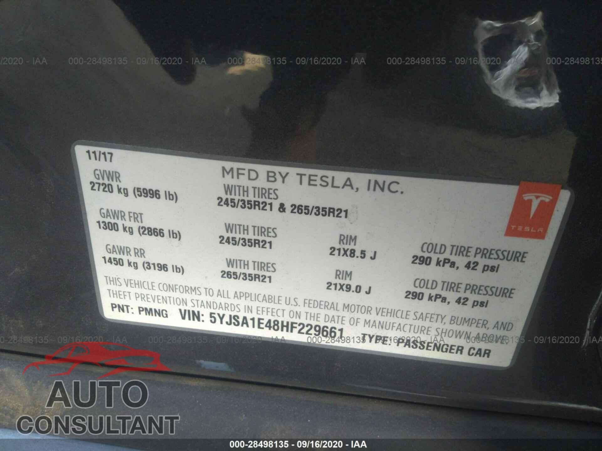 TESLA MODEL S 2017 - 5YJSA1E48HF229661
