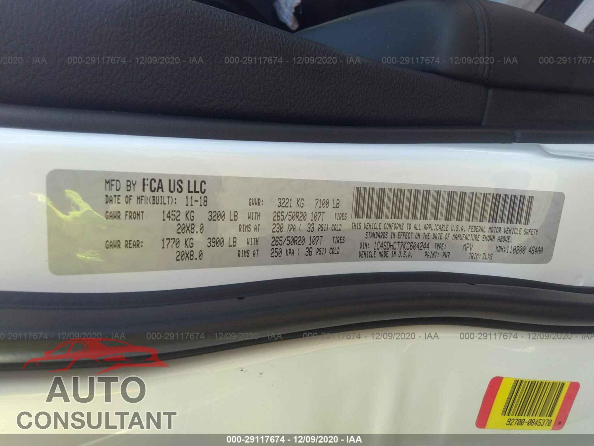 DODGE DURANGO 2019 - 1C4SDHCT7KC604244