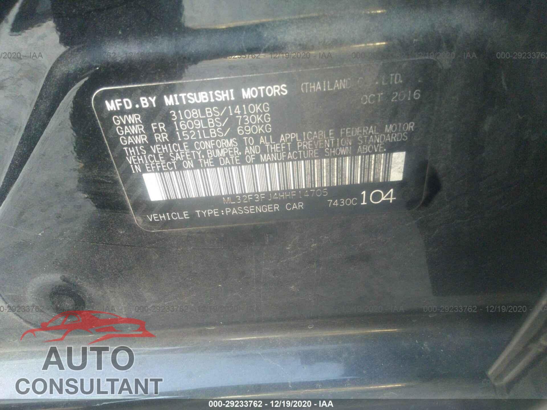 MITSUBISHI MIRAGE G4 2017 - ML32F3FJ4HHF14705