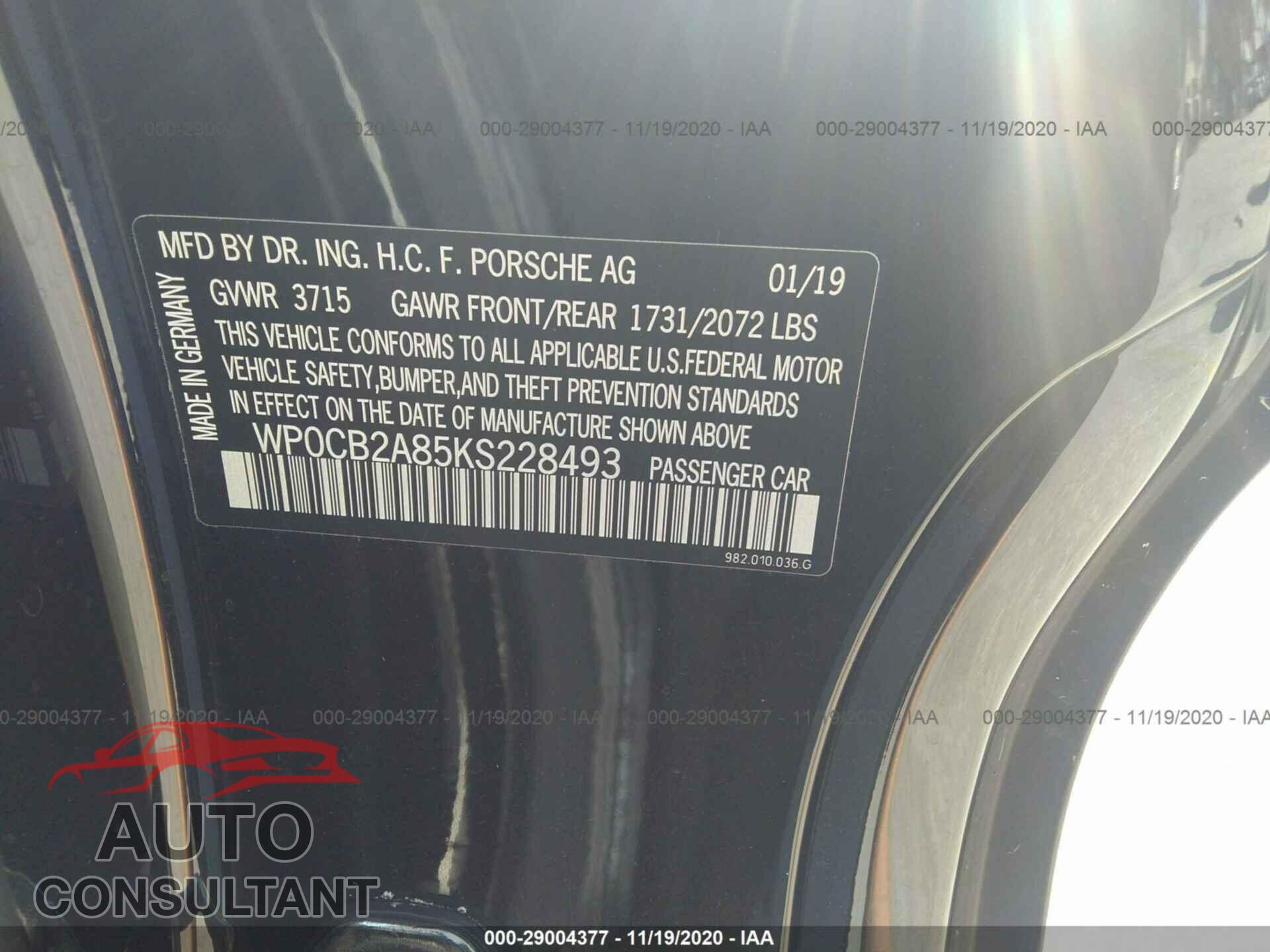 PORSCHE 718 BOXSTER 2019 - WP0CB2A85KS228493