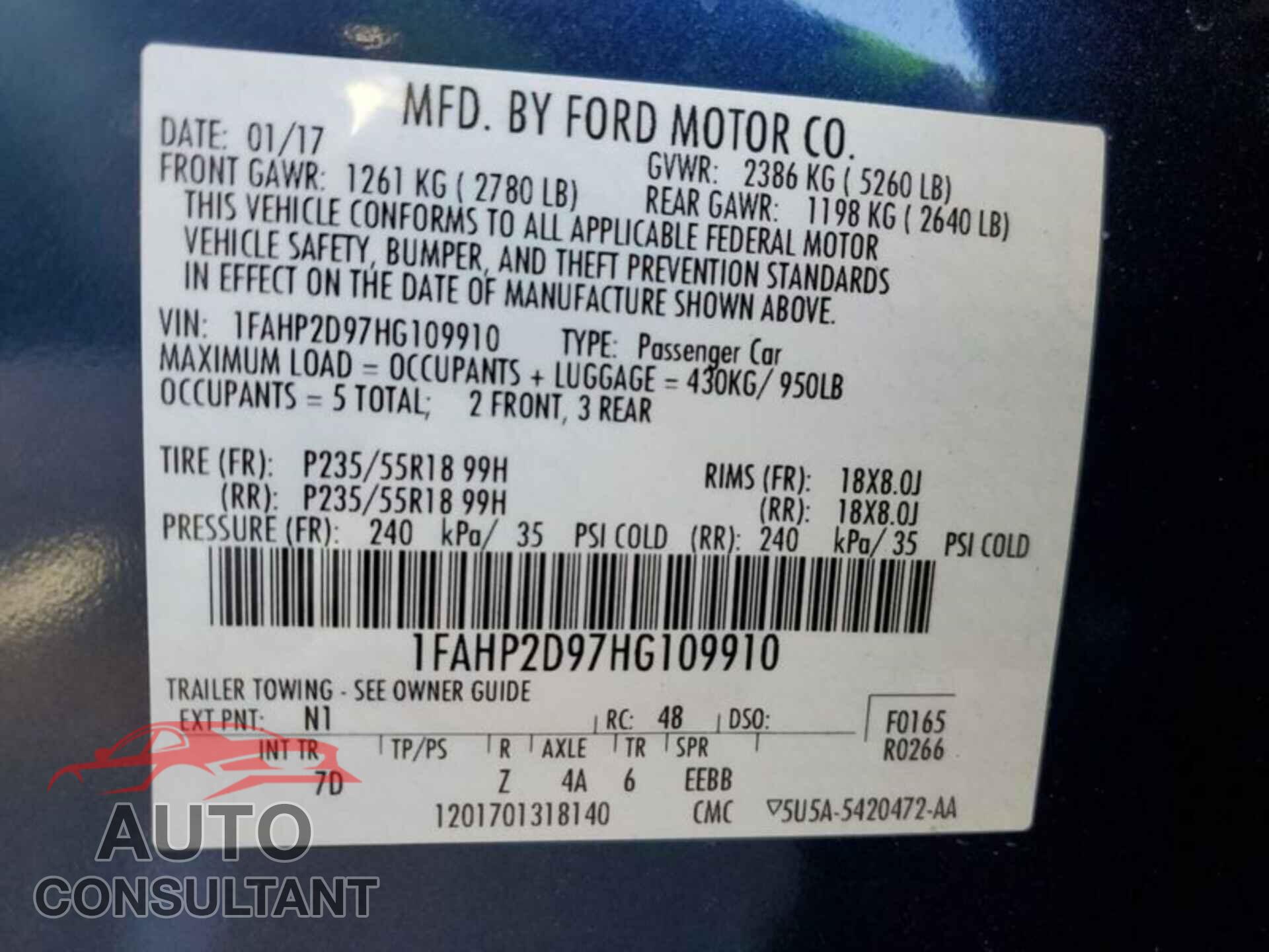 FORD TAURUS 2017 - 1FAHP2D97HG109910