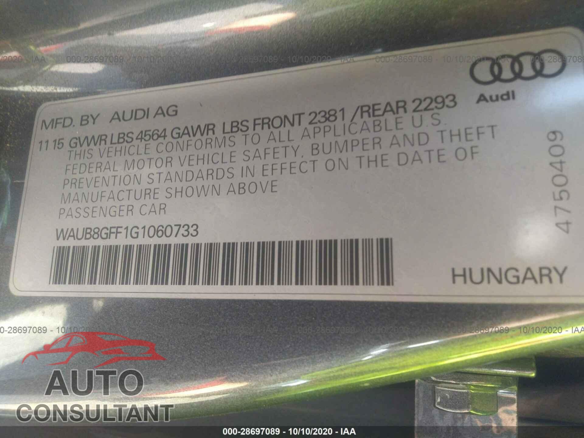 AUDI A3 2016 - WAUB8GFF1G1060733