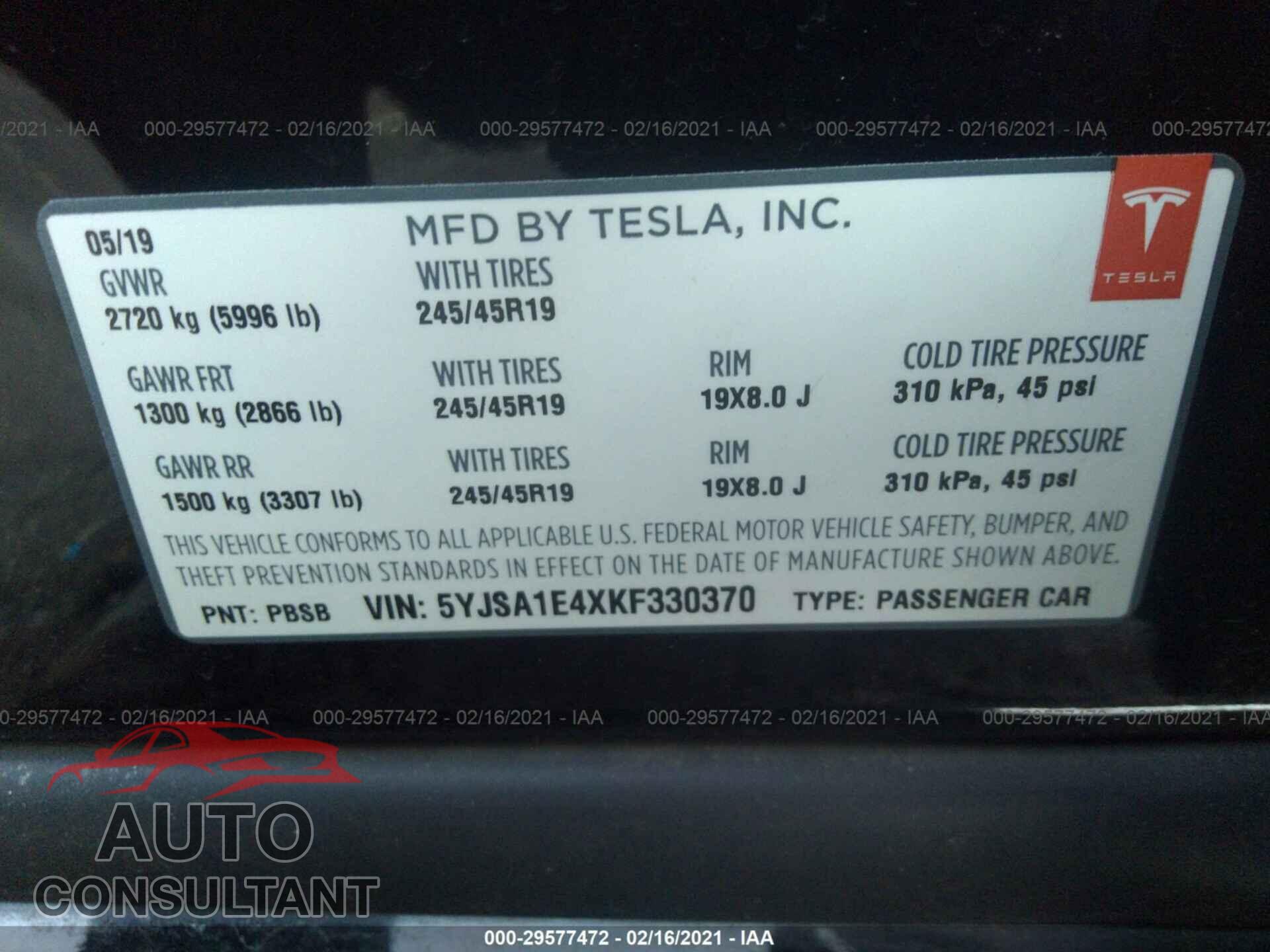 TESLA MODEL S 2019 - 5YJSA1E4XKF330370