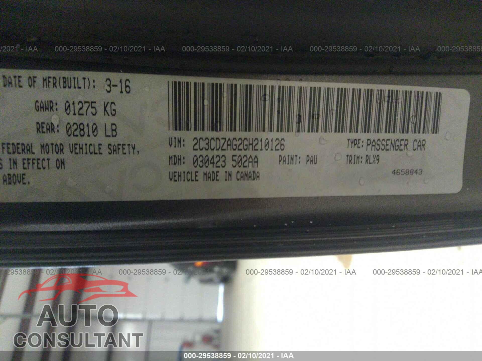 DODGE CHALLENGER 2016 - 2C3CDZAG2GH210126