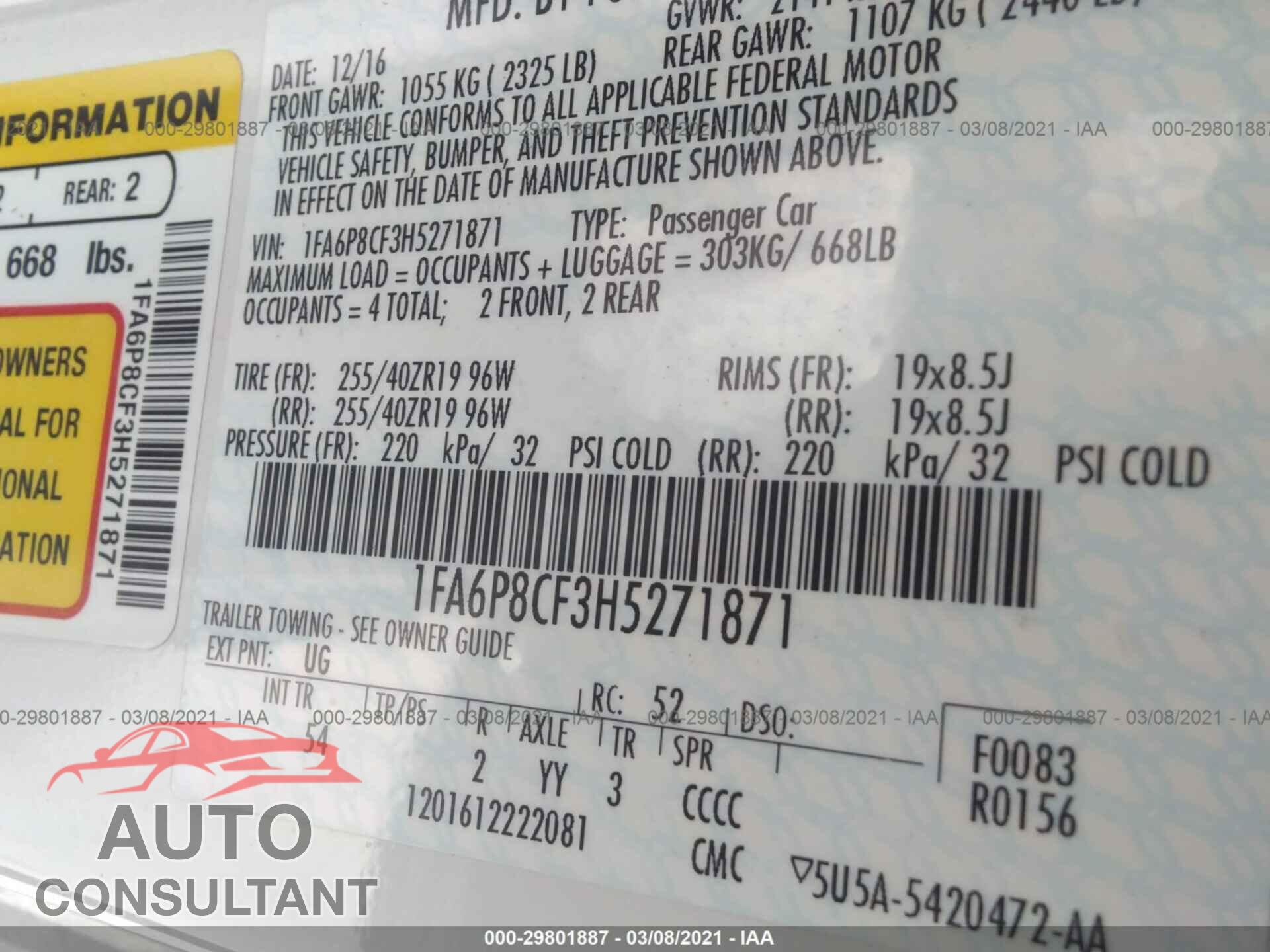 FORD MUSTANG 2017 - 1FA6P8CF3H5271871
