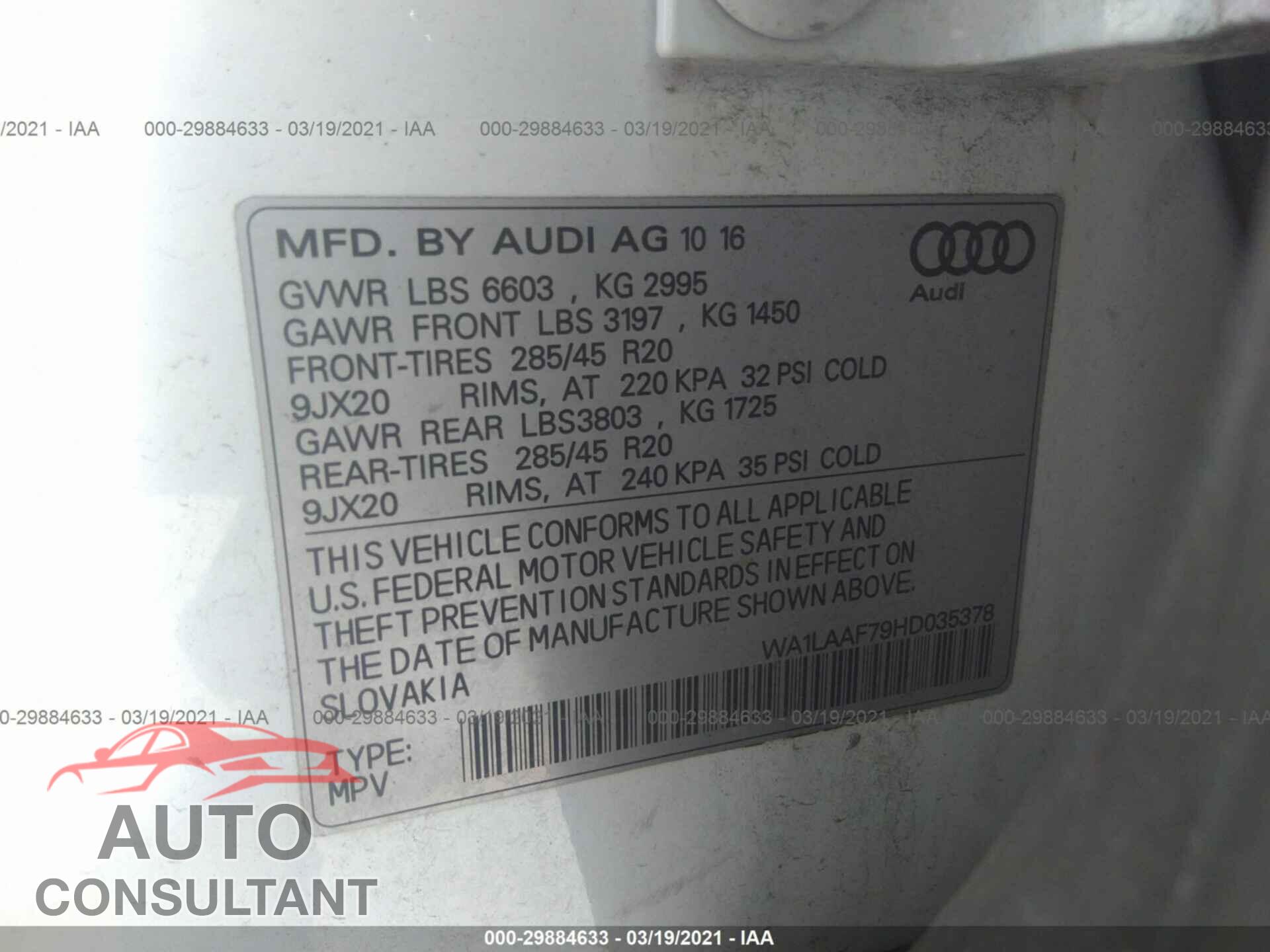 AUDI Q7 2017 - WA1LAAF79HD035378