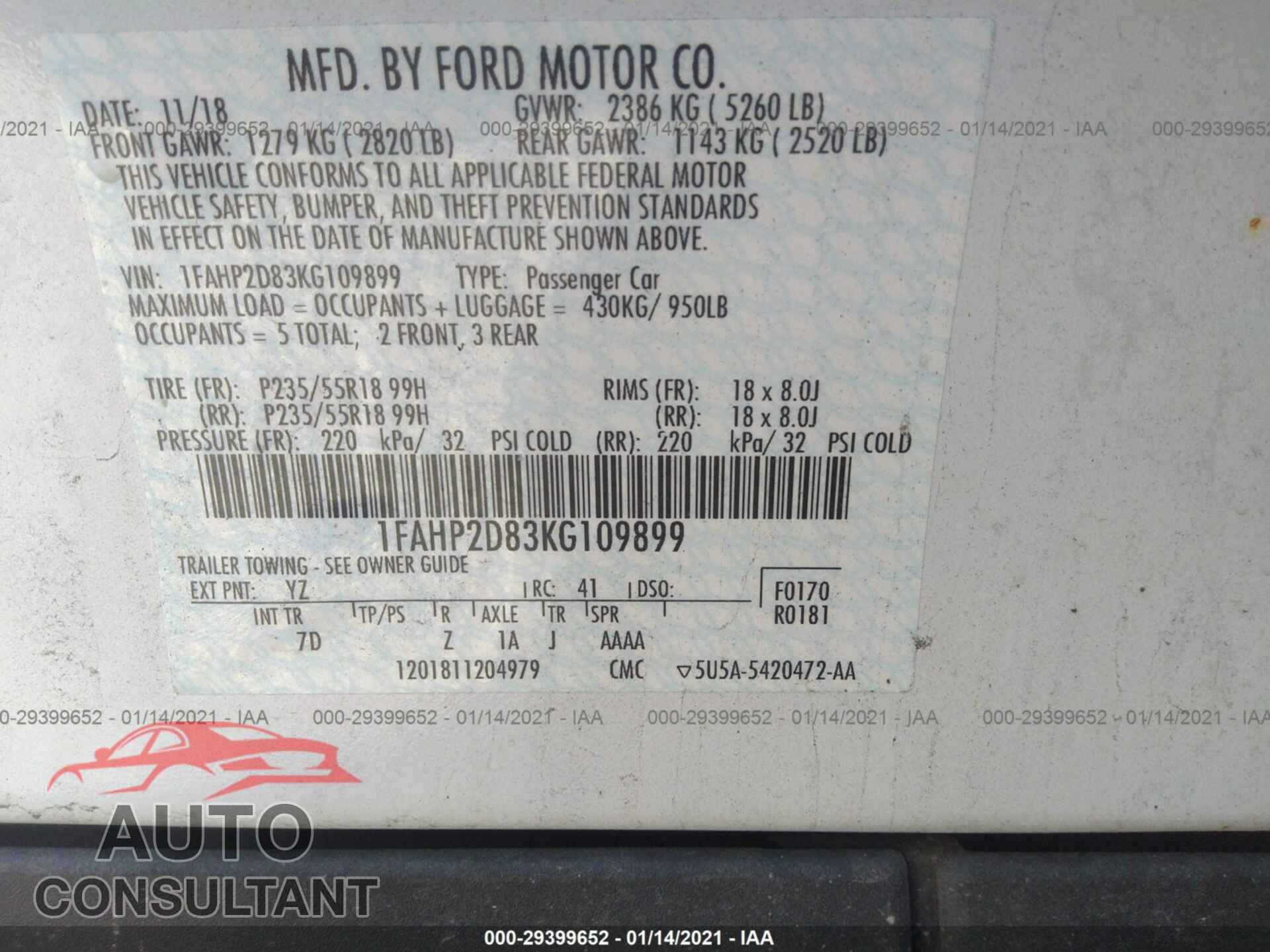 FORD TAURUS 2019 - 1FAHP2D83KG109899