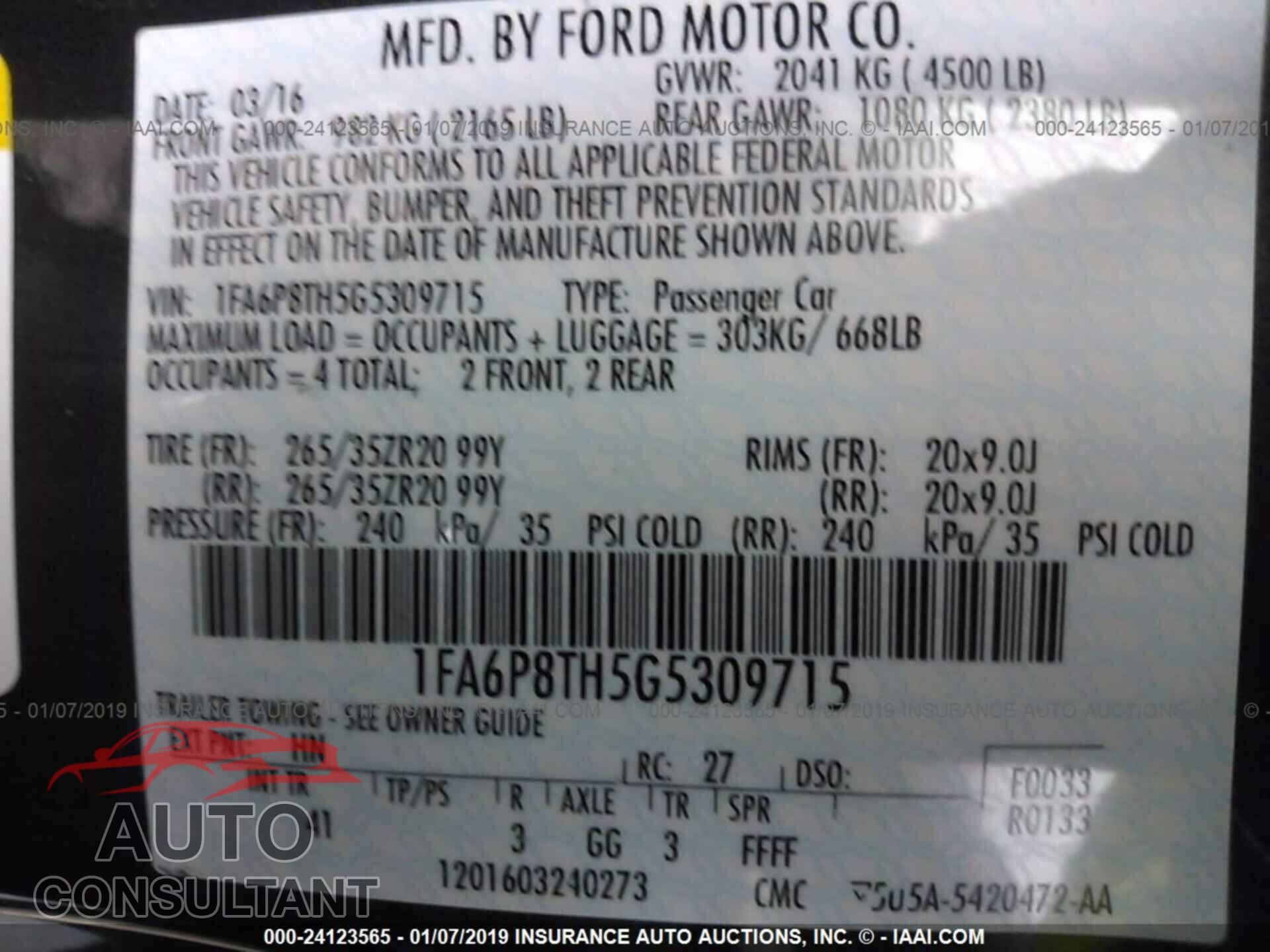 FORD MUSTANG 2016 - 1FA6P8TH5G5309715