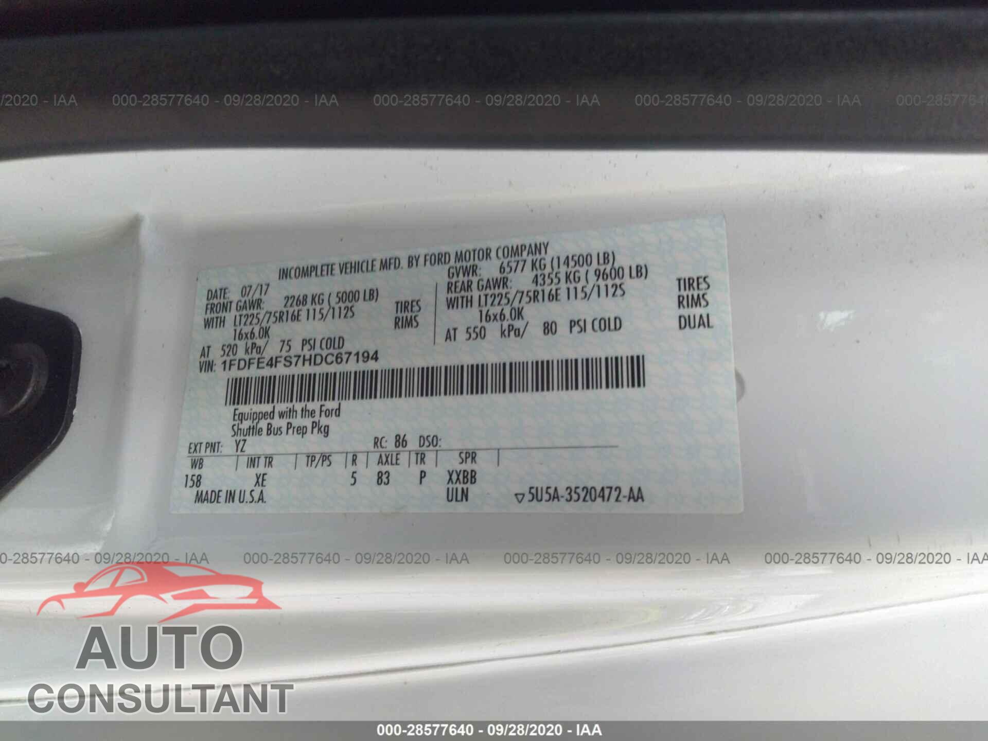 FORD E-SERIES CUTAWAY 2017 - 1FDFE4FS7HDC67194