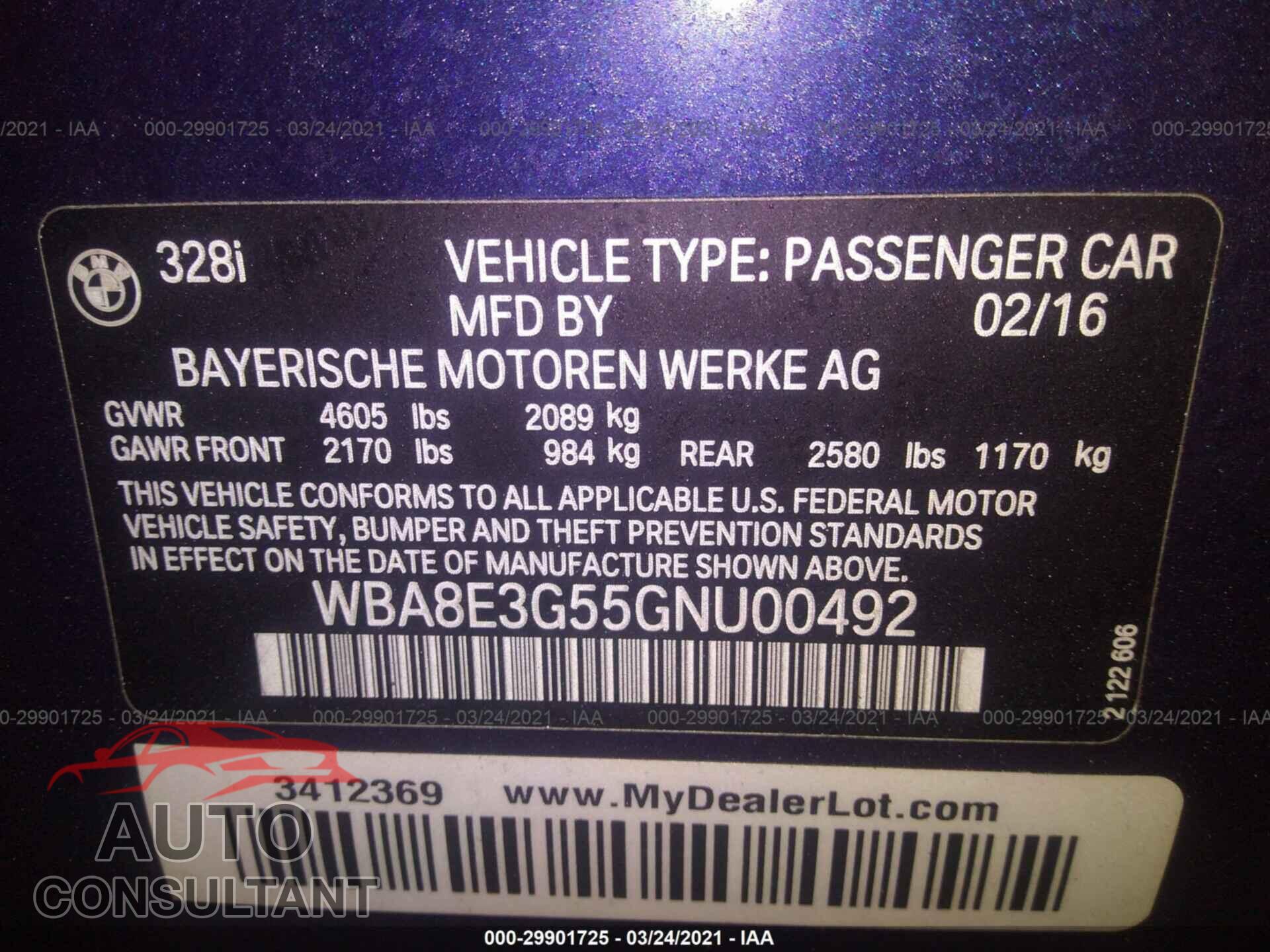 BMW 3 SERIES 2016 - WBA8E3G55GNU00492
