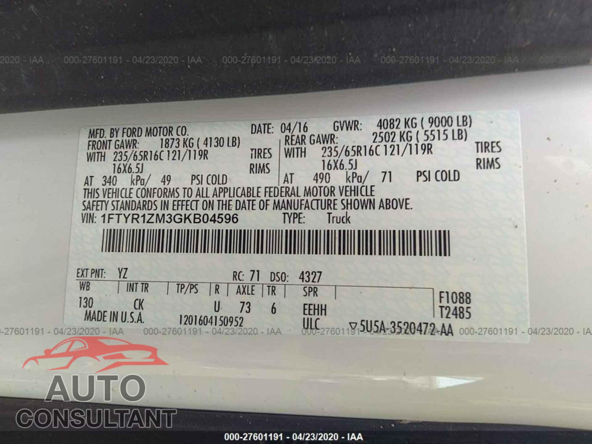 FORD TRANSIT 2016 - 1FTYR1ZM3GKB04596