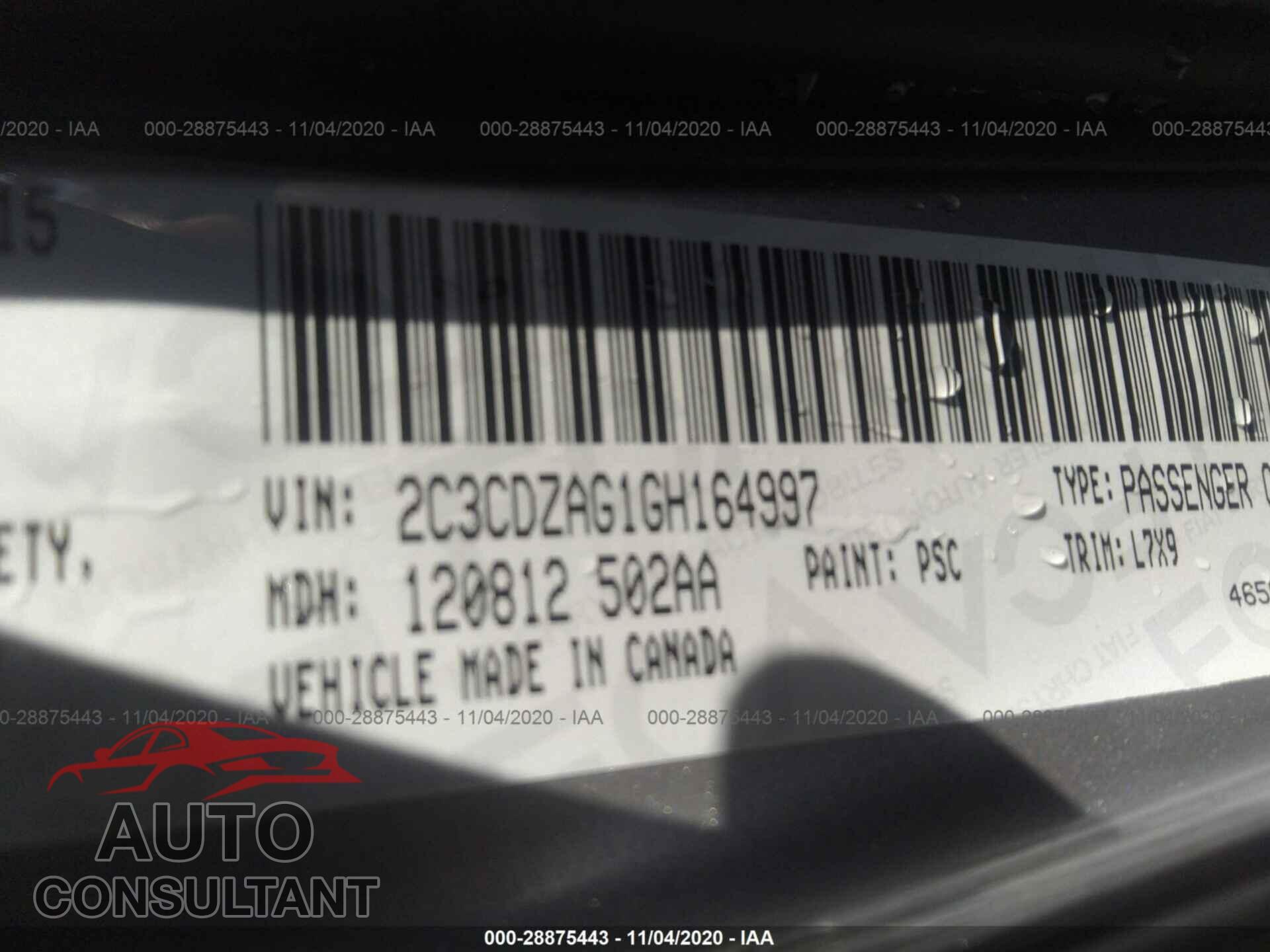 DODGE CHALLENGER 2016 - 2C3CDZAG1GH164997
