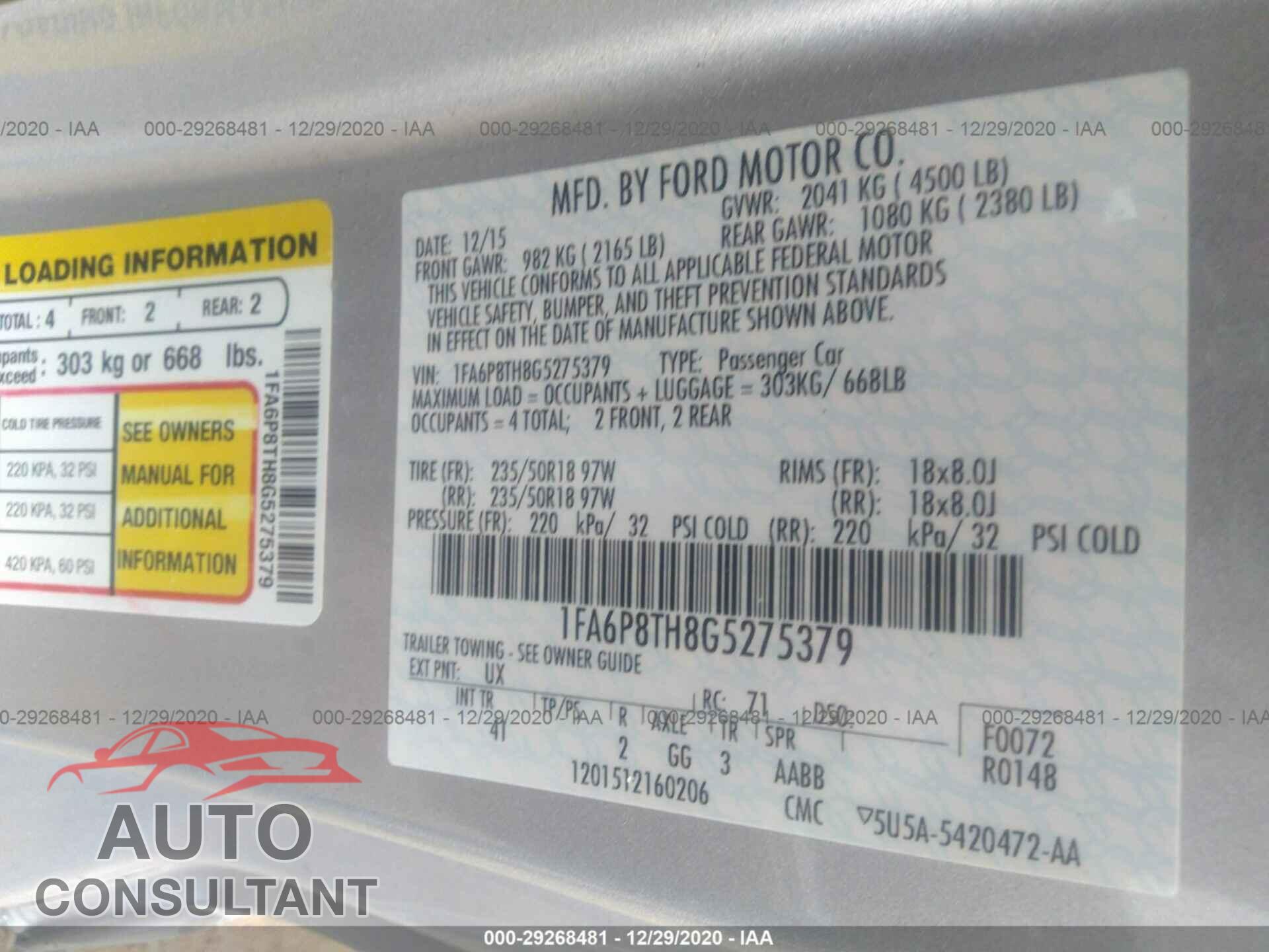 FORD MUSTANG 2016 - 1FA6P8TH8G5275379