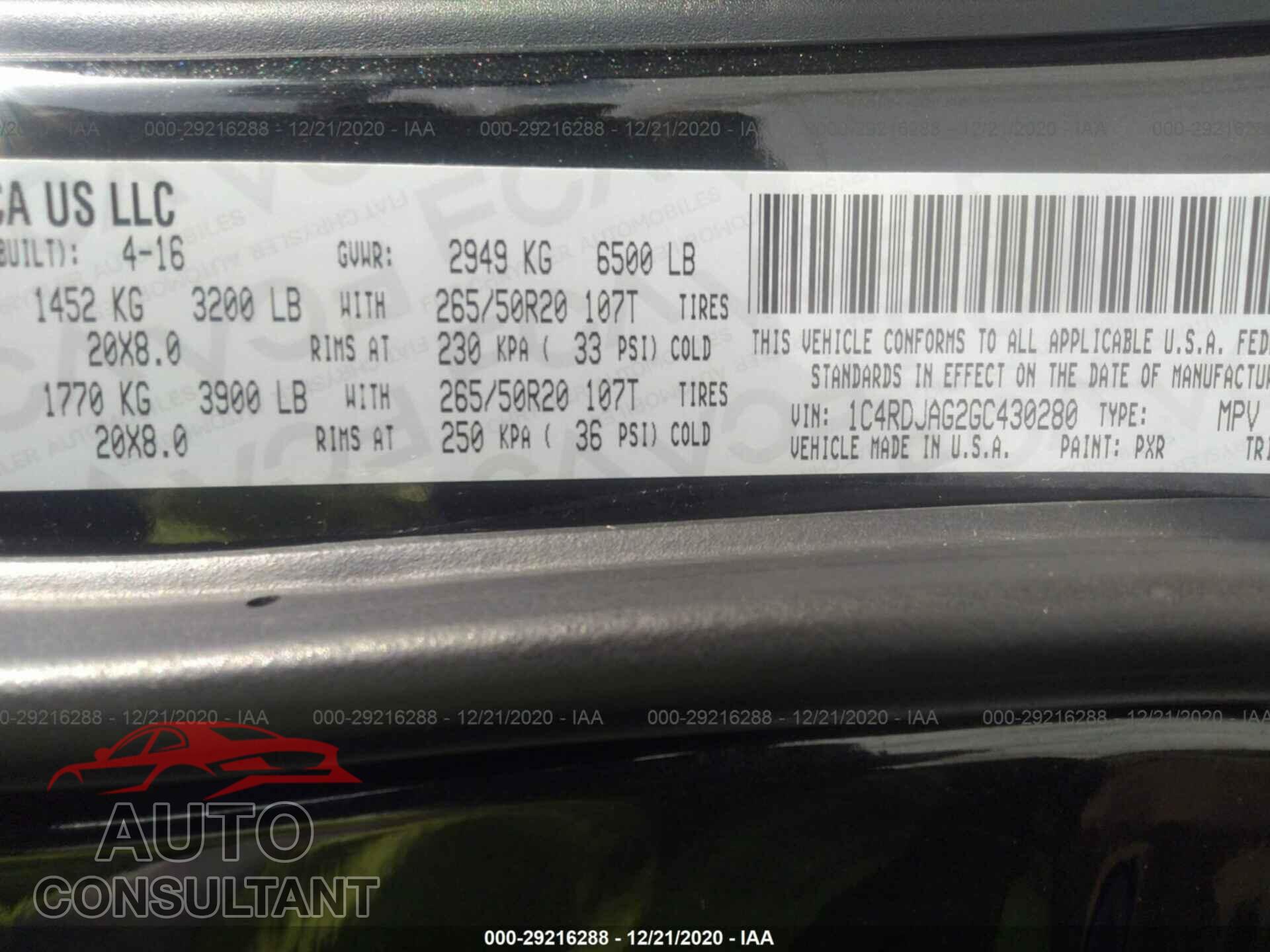DODGE DURANGO 2016 - 1C4RDJAG2GC430280