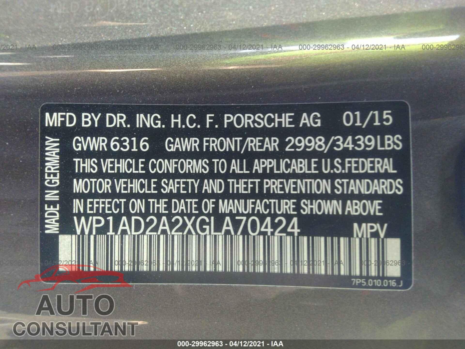 PORSCHE CAYENNE 2016 - WP1AD2A2XGLA70424
