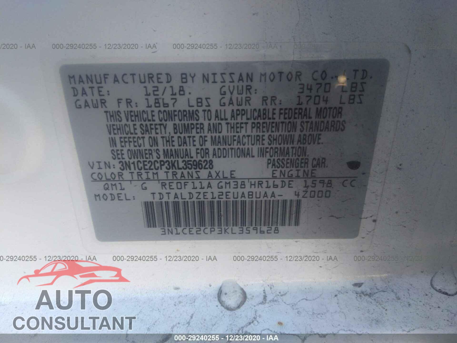 NISSAN VERSA NOTE 2019 - 3N1CE2CP3KL359628