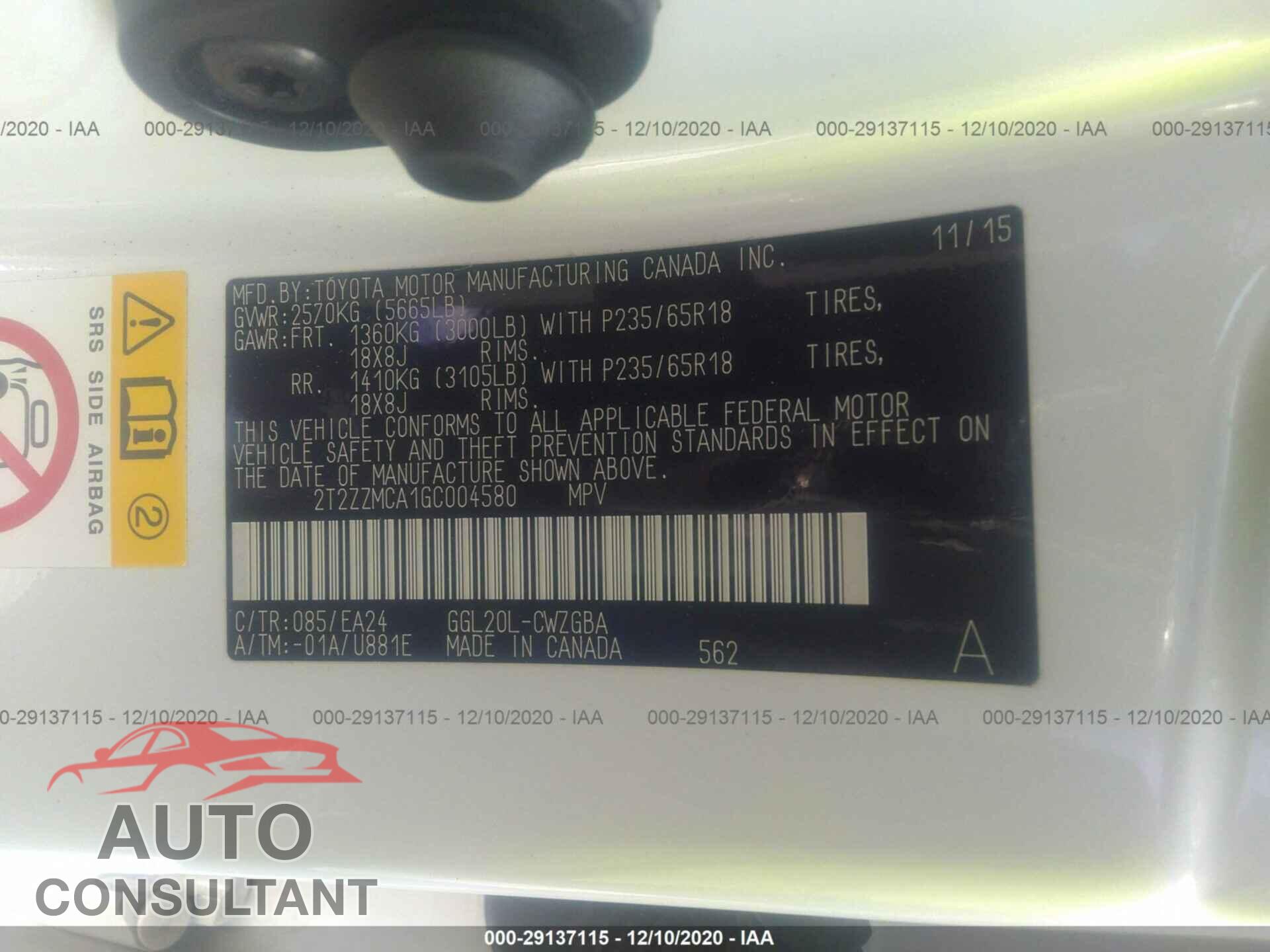 LEXUS RX 350 2016 - 2T2ZZMCA1GC004580