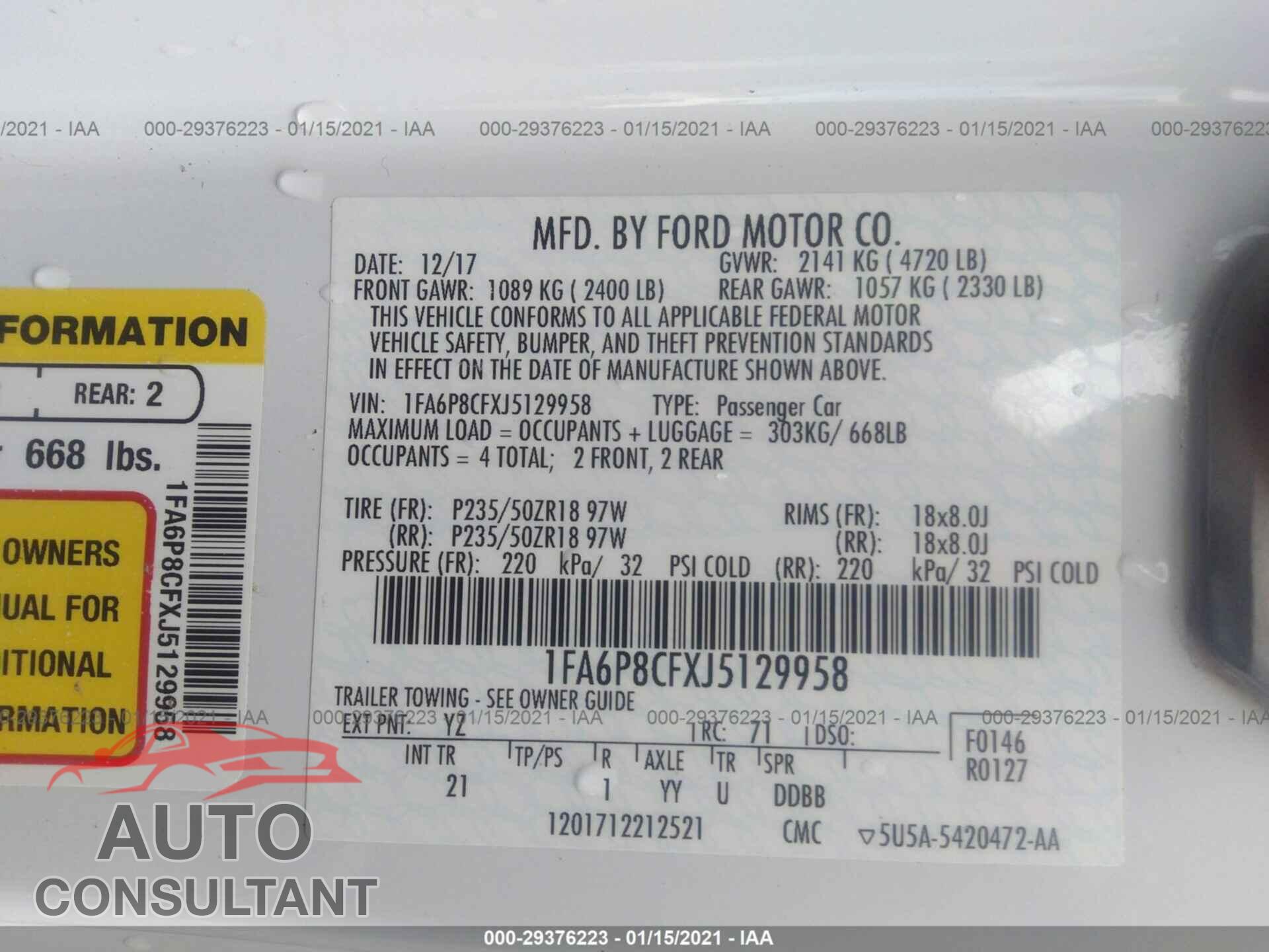 FORD MUSTANG 2018 - 1FA6P8CFXJ5129958