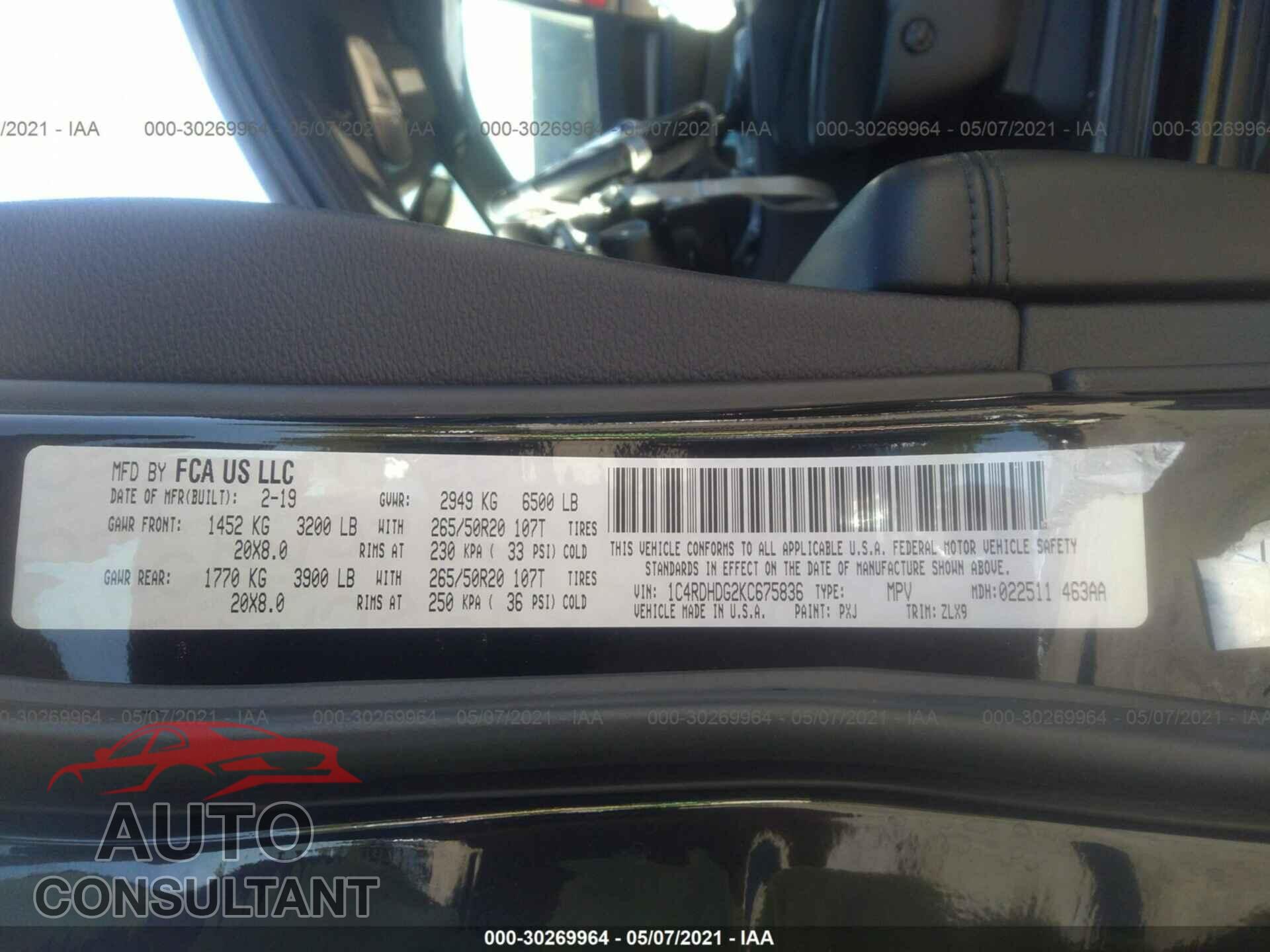 DODGE DURANGO 2019 - 1C4RDHDG2KC675836