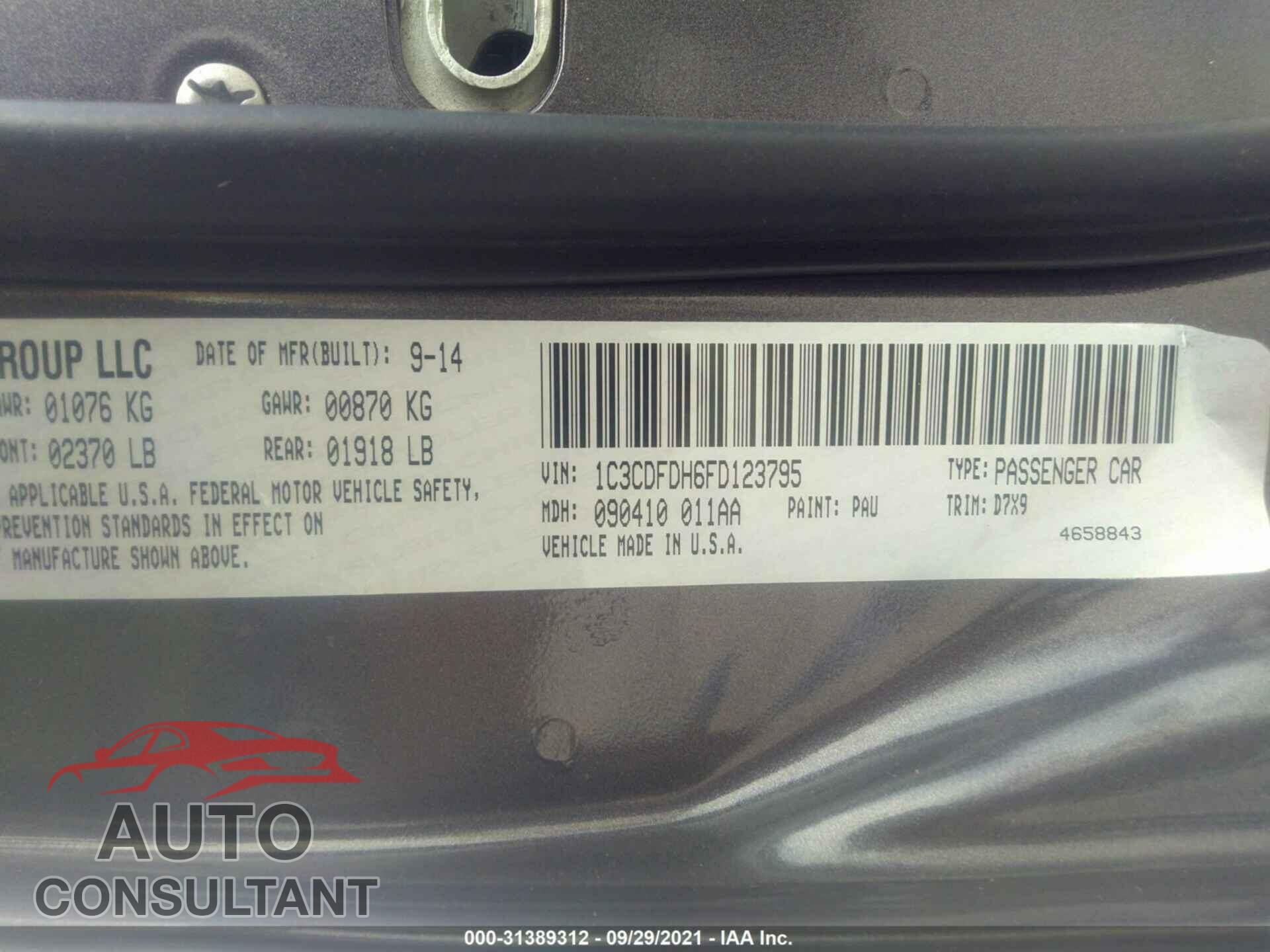DODGE DART 2015 - 1FA6P8CF4G5289391
