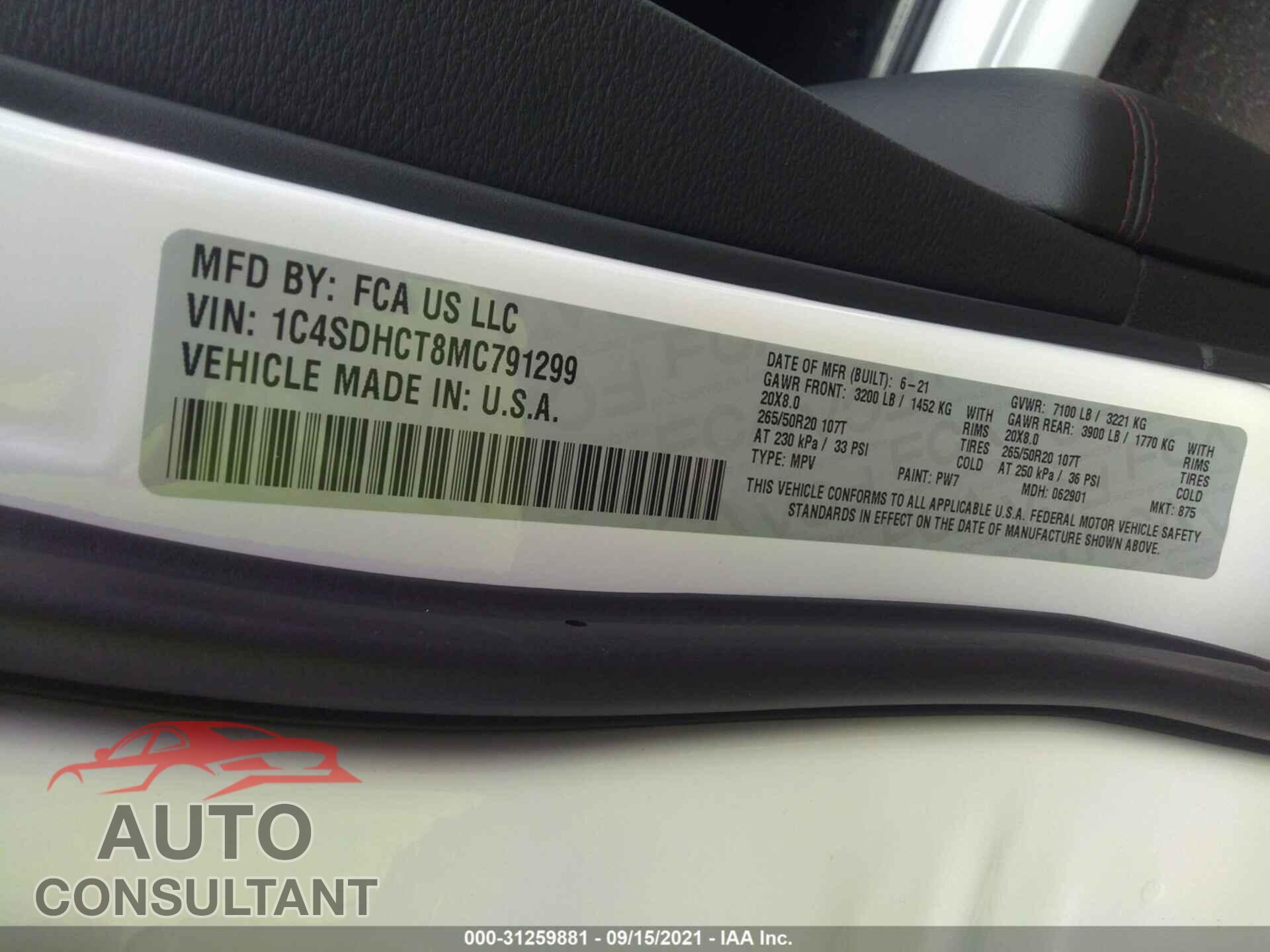 DODGE DURANGO 2021 - 1C4SDHCT8MC791299