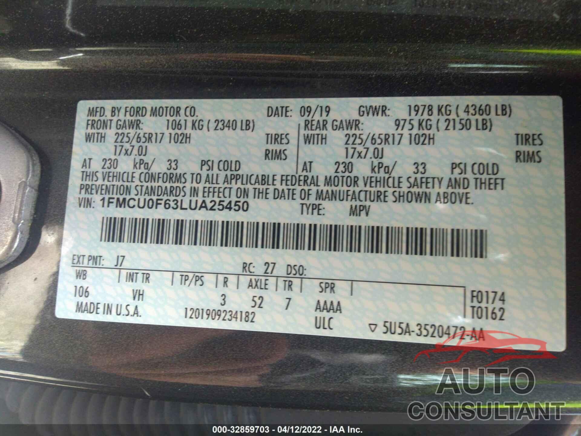 FORD ESCAPE 2020 - 1FMCU0F63LUA25450