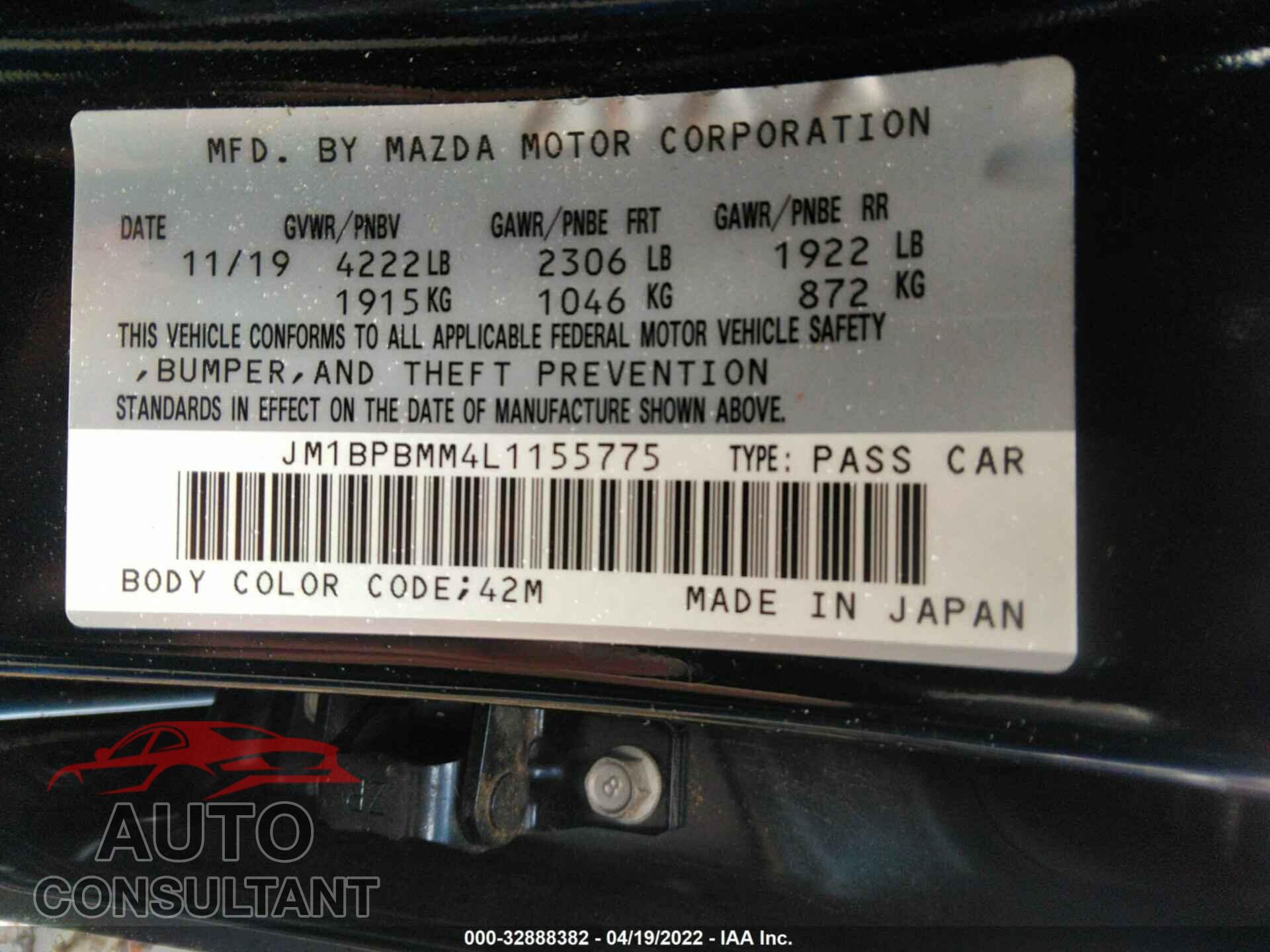 MAZDA MAZDA3 HATCHBACK 2020 - JM1BPBMM4L1155775