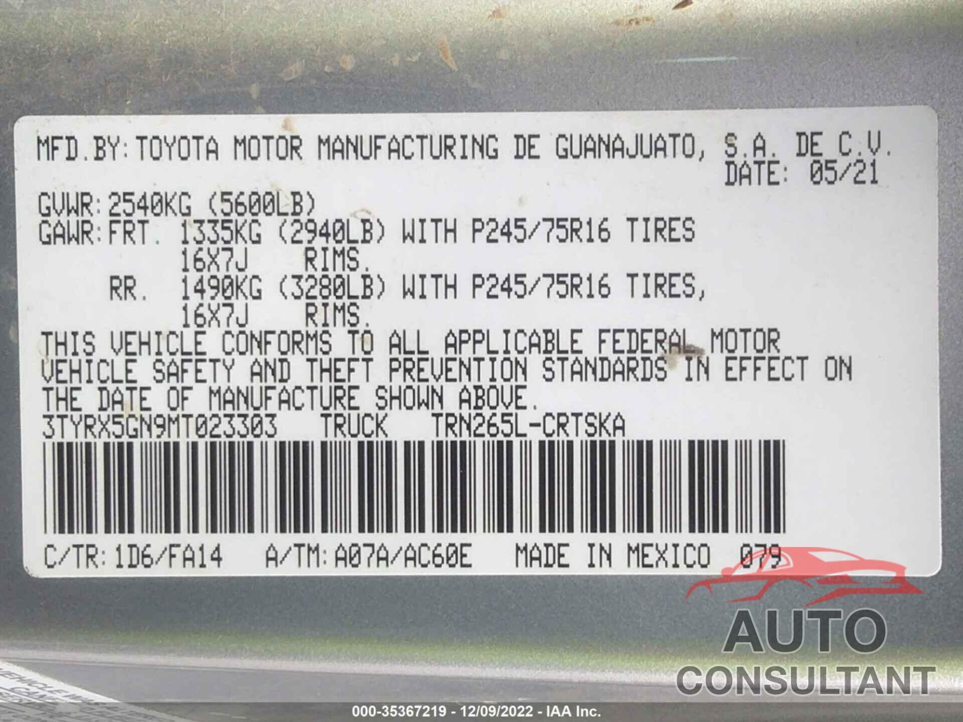 TOYOTA TACOMA 2WD 2021 - 3TYRX5GN9MT023303
