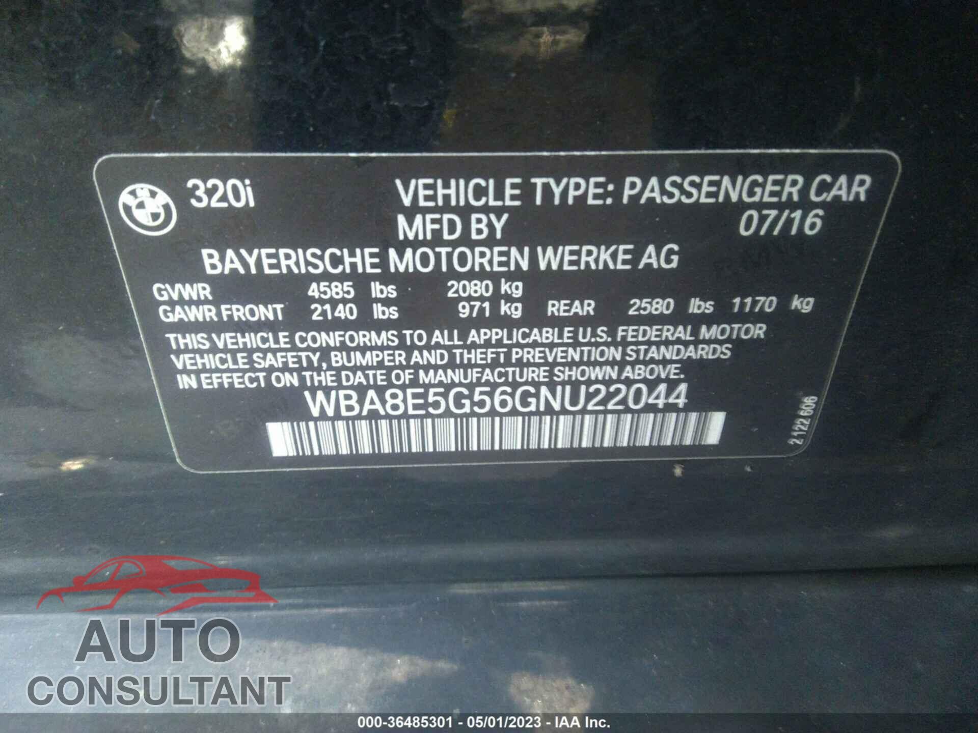 BMW 320I 2016 - WBA8E5G56GNU22044