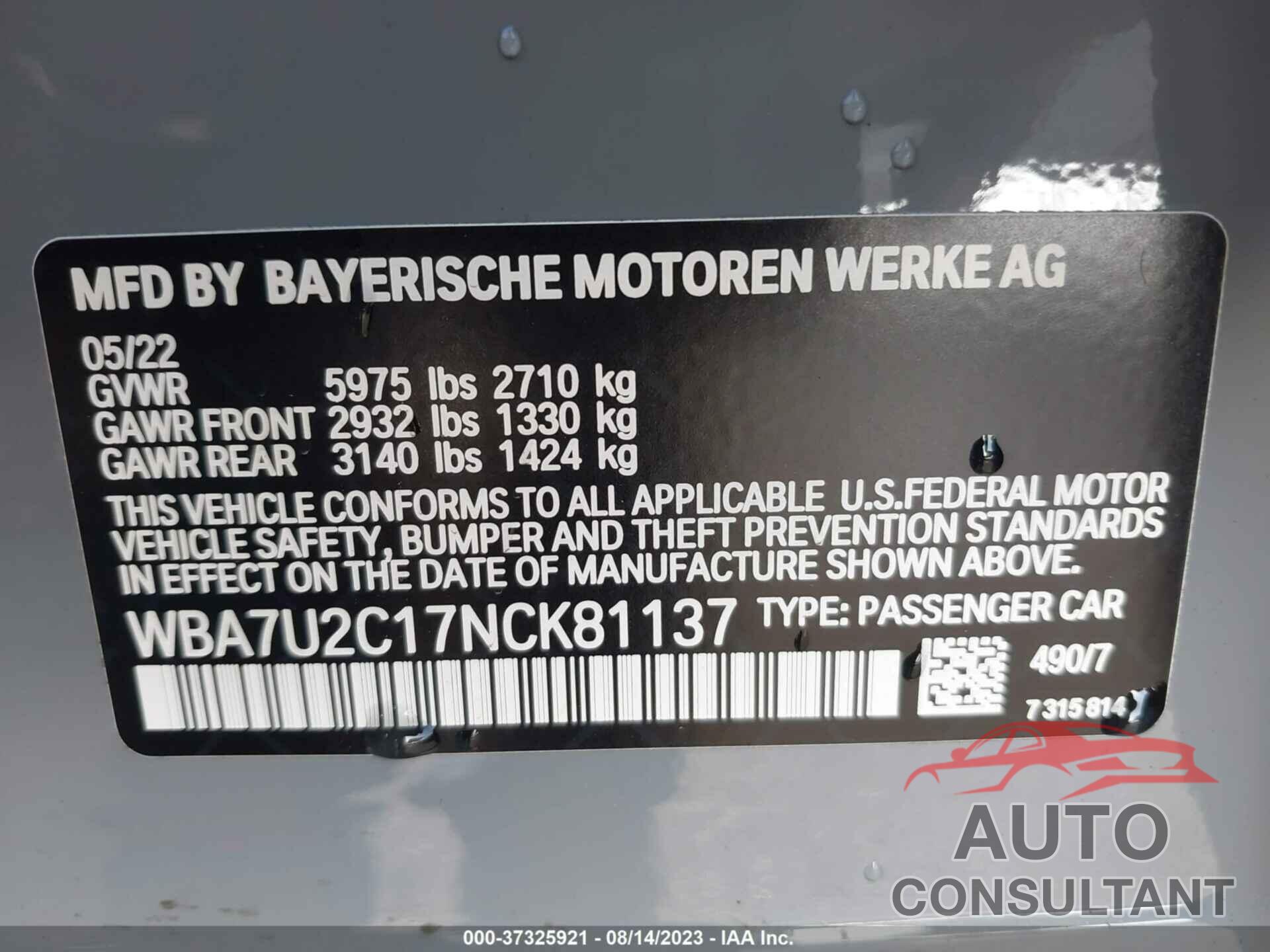 BMW 7 SERIES 2022 - WBA7U2C17NCK81137