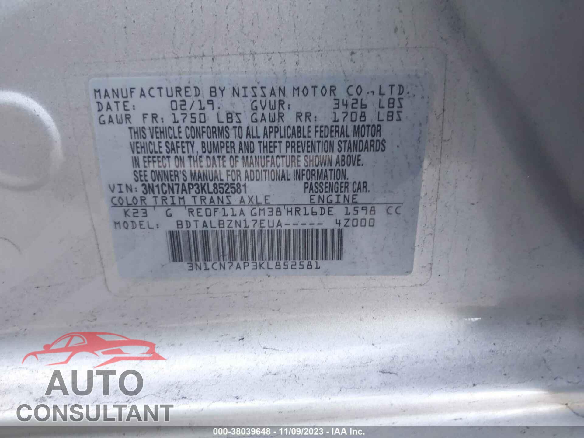NISSAN VERSA 2019 - 3N1CN7AP3KL852581