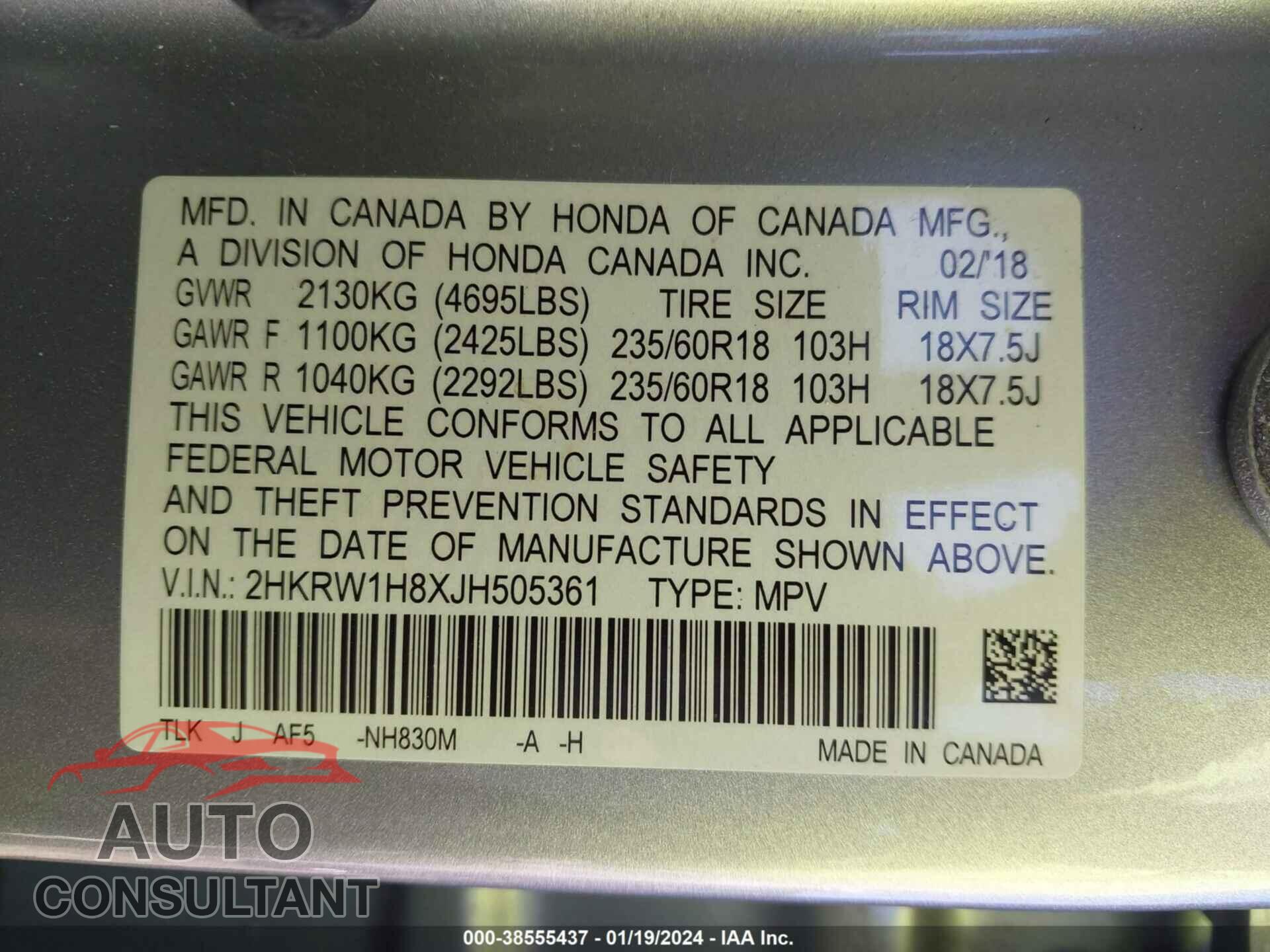 HONDA CR-V 2018 - 2HKRW1H8XJH505361